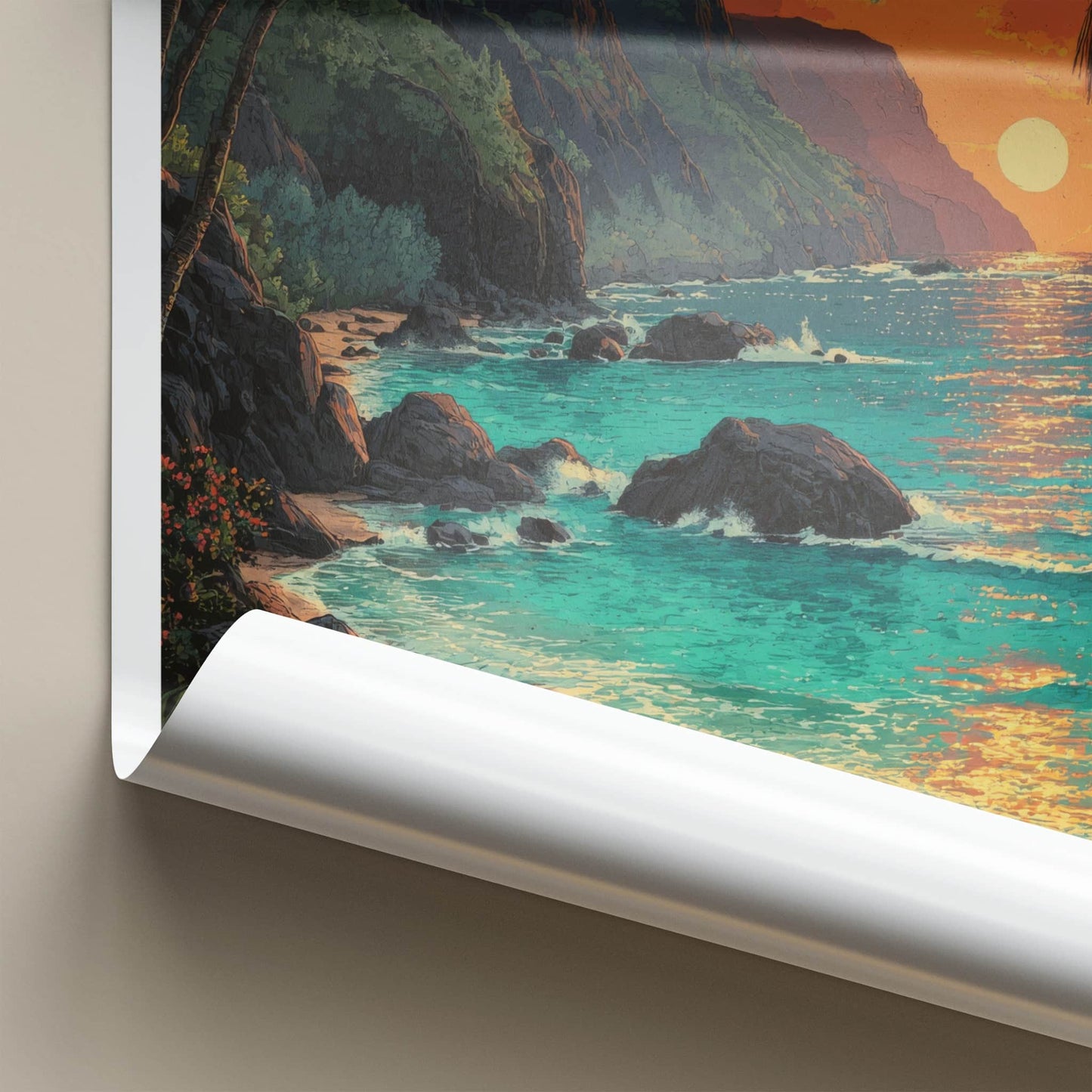 Na Pali Poster - Hawaii Wall Art - Palm Rocky Shore Home Decor