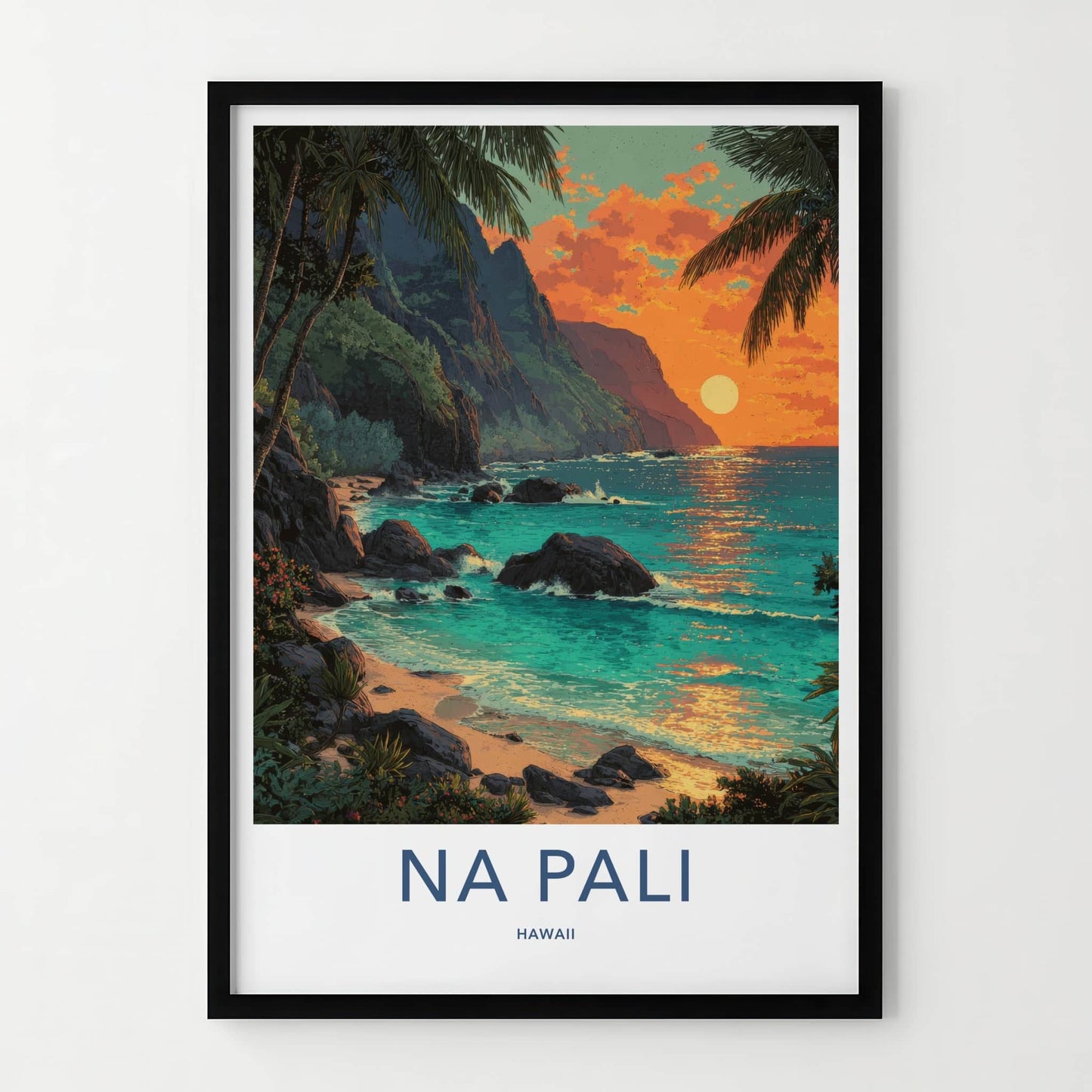 Na Pali Poster - Hawaii Wall Art - Palm Rocky Shore Home Decor