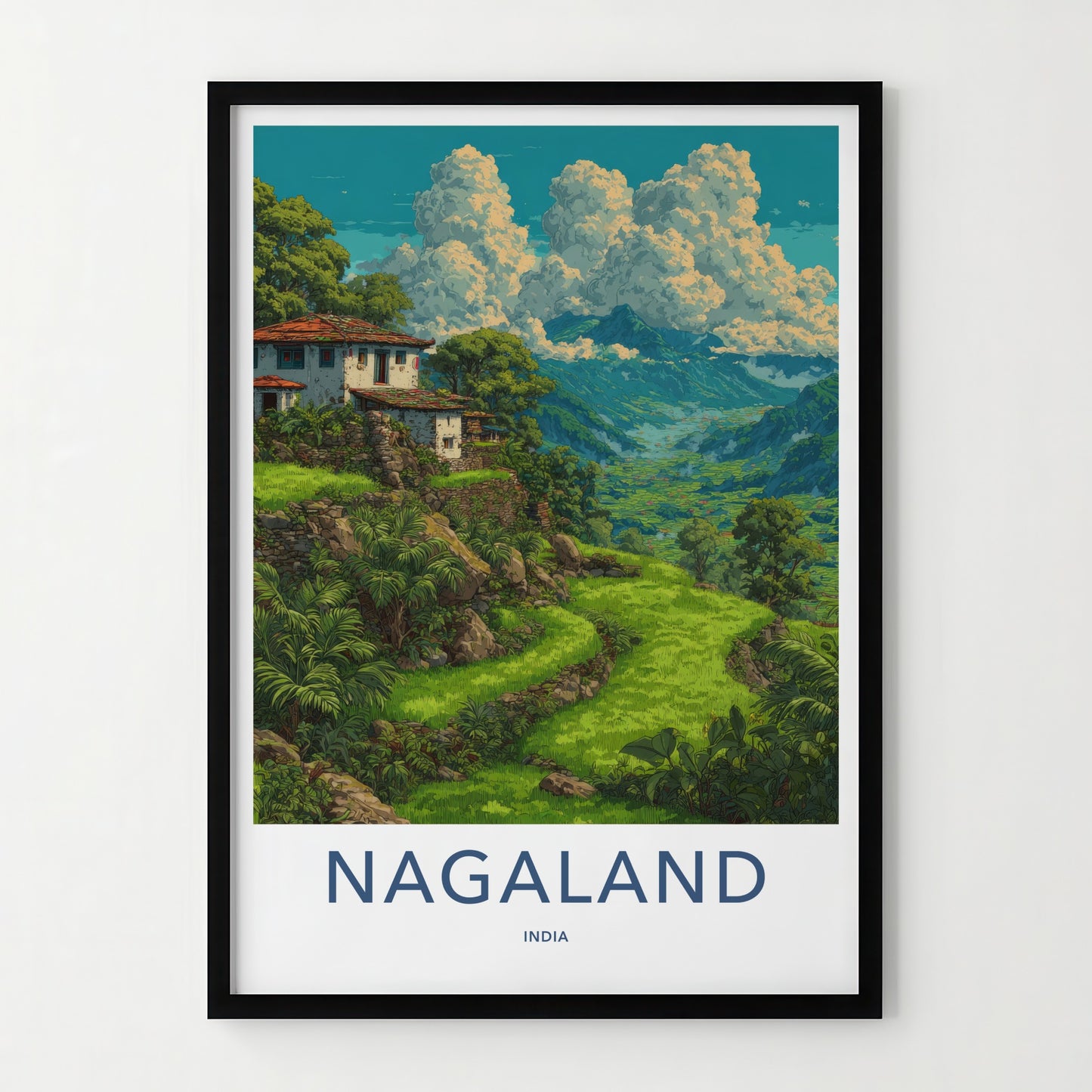 Nagaland Poster - India Travel Art - Nagaland Hillside Houses Framed Decor