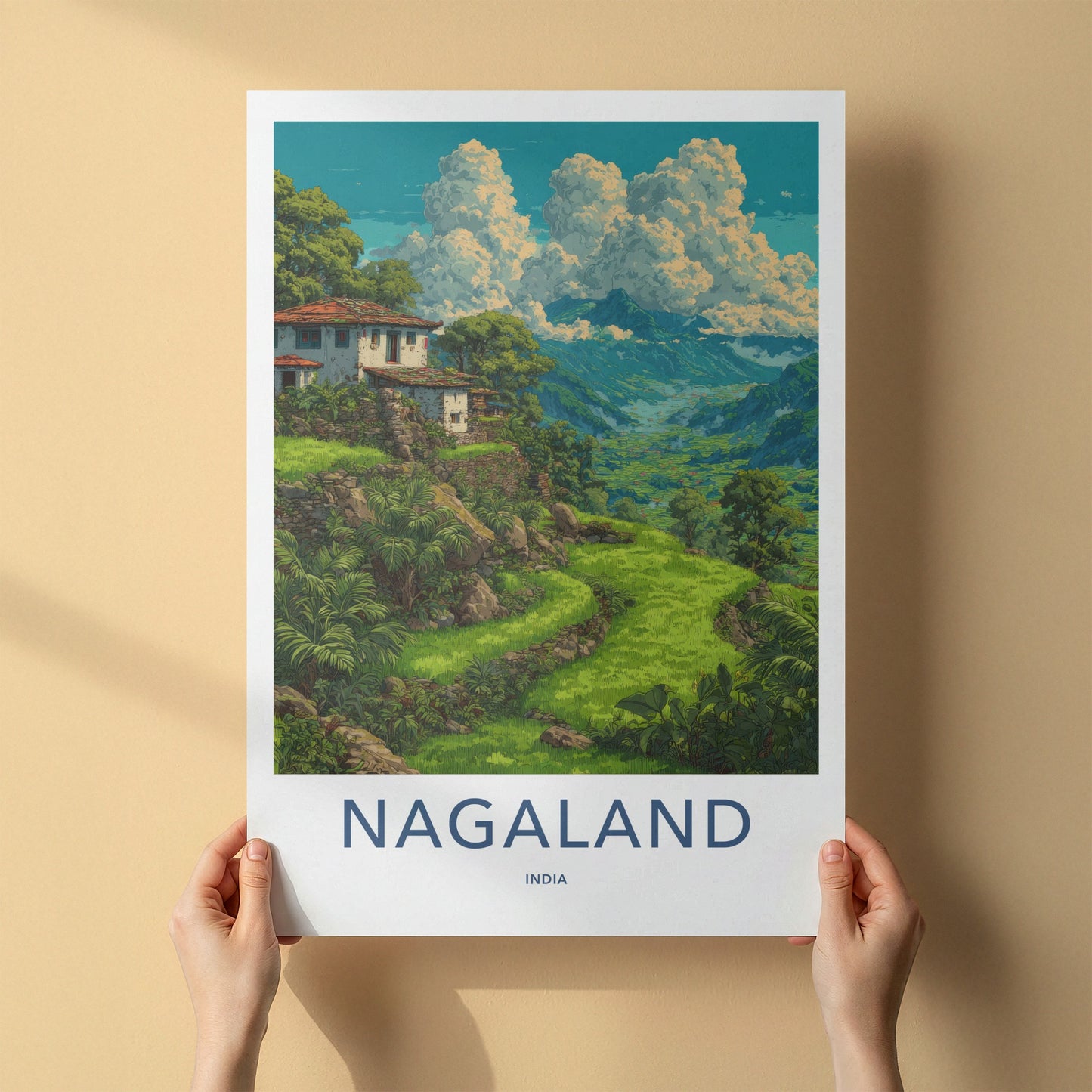 Nagaland Poster - India Travel Art - Nagaland Hillside Houses Framed Decor