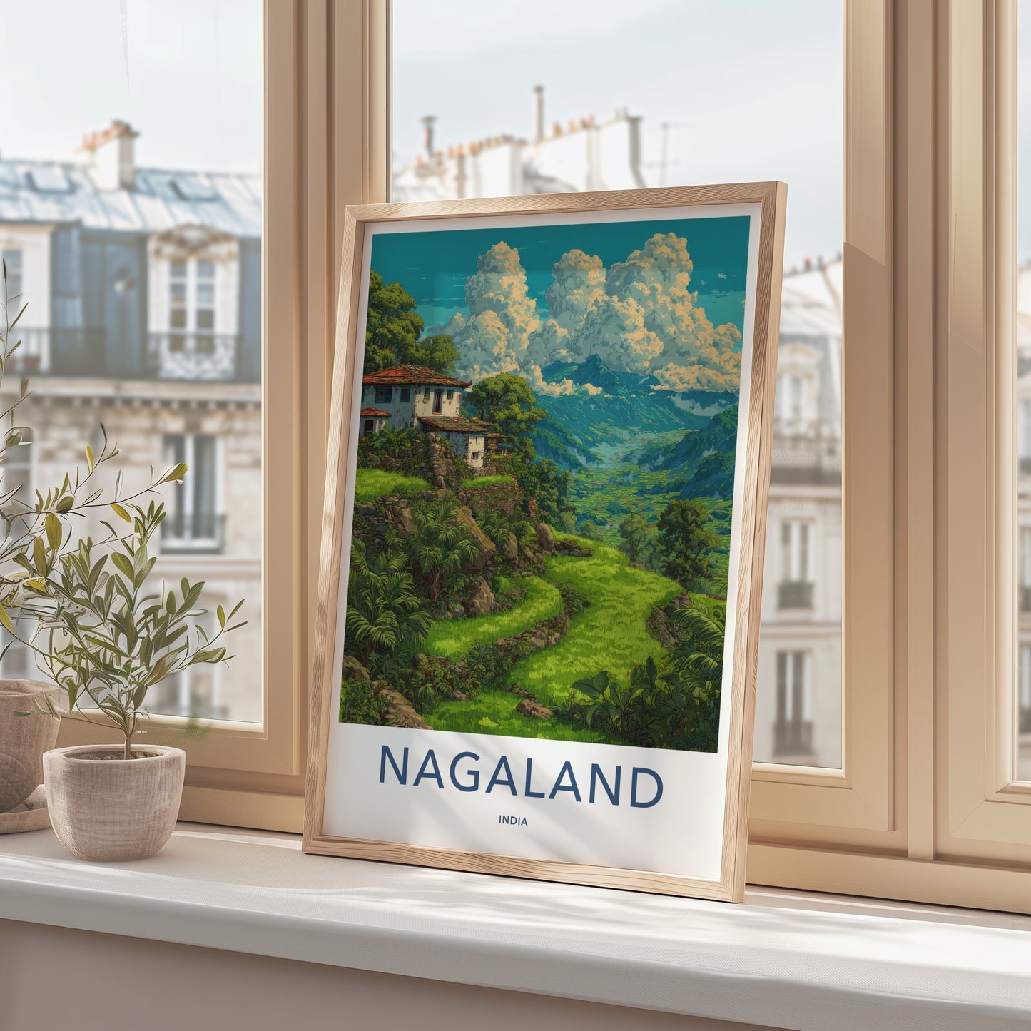 Nagaland Poster - India Travel Art - Nagaland Hillside Houses Framed Decor