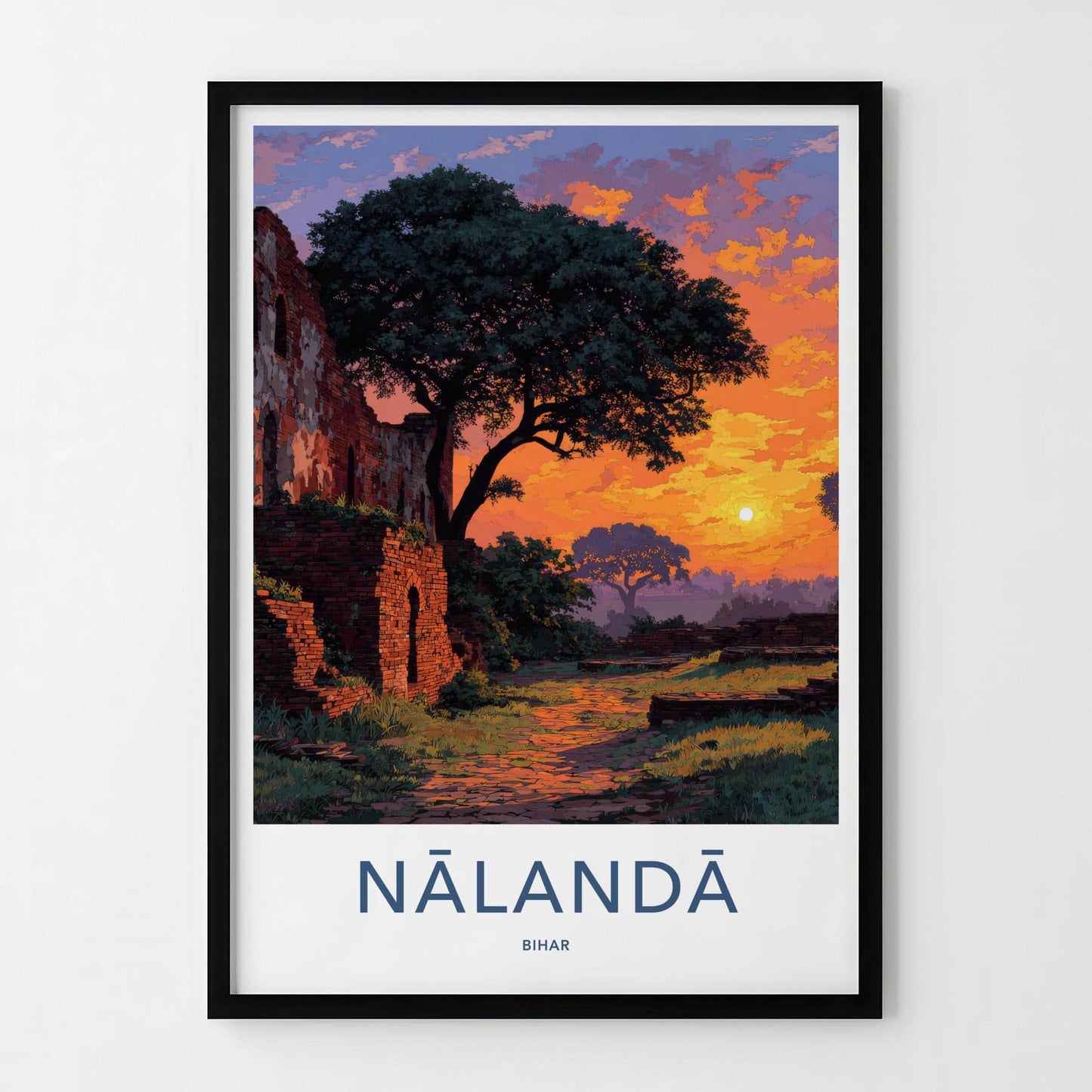 Nalanda Poster - India Travel Art - Bihar Ancient Ruins Sunset Home Decor