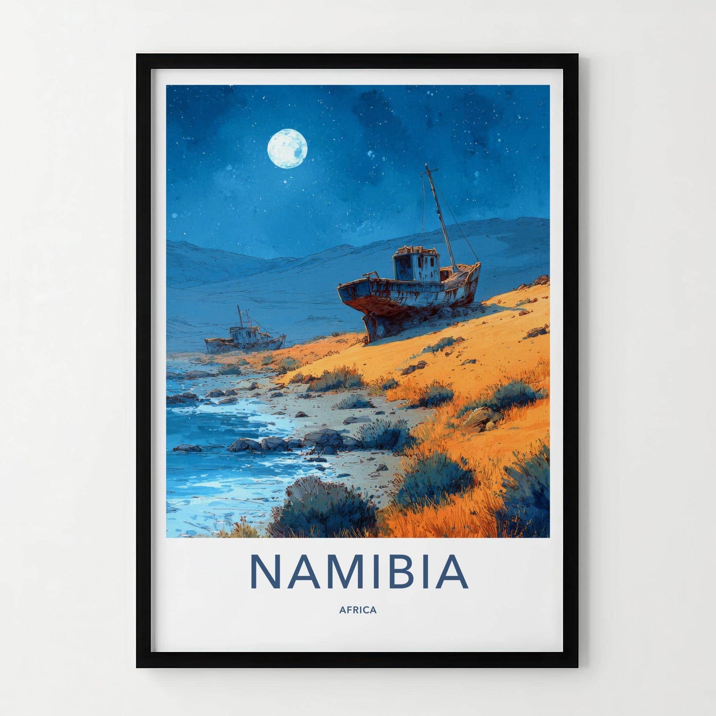 Namibia Poster - Namibia Travel Art - Moonlit Shipwreck Shore Home Decor