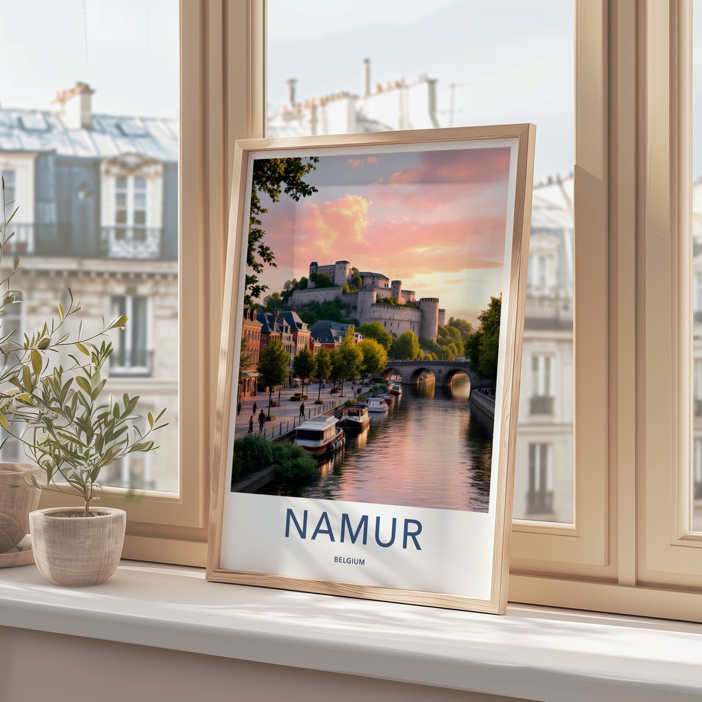 Namur Poster - Belgium Travel Art - Castle River Sunset Home Decor