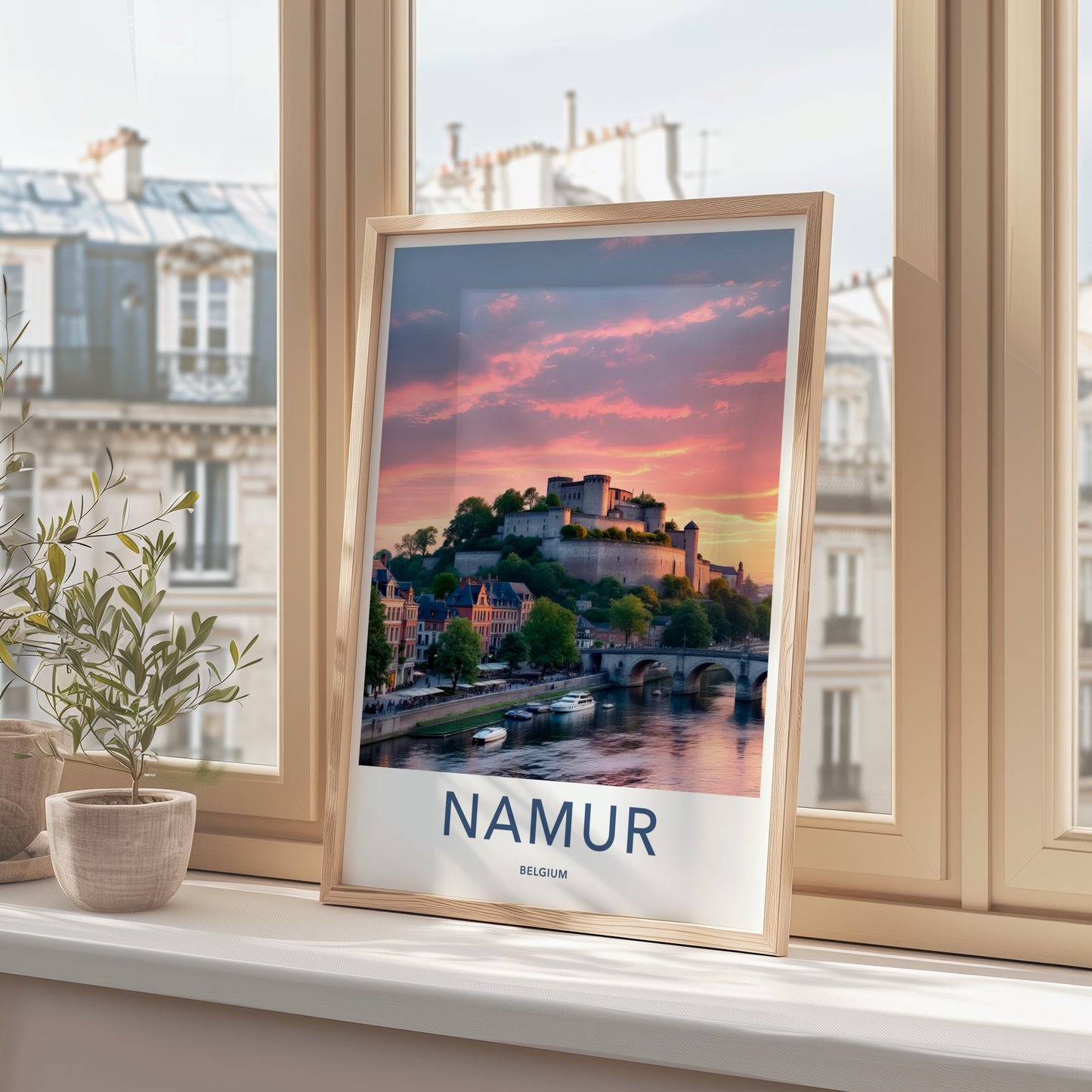 Namur Poster - Belgium Travel Art - Castle River Sunset Wall Decor
