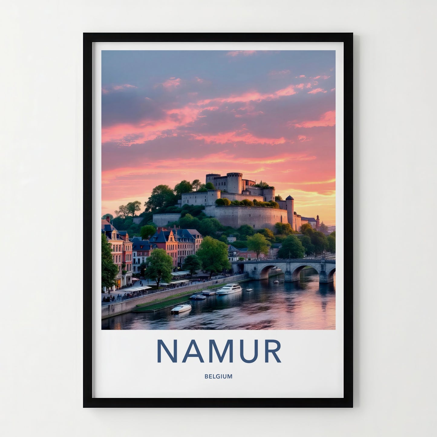 Namur Poster - Belgium Travel Art - Castle River Sunset Wall Decor