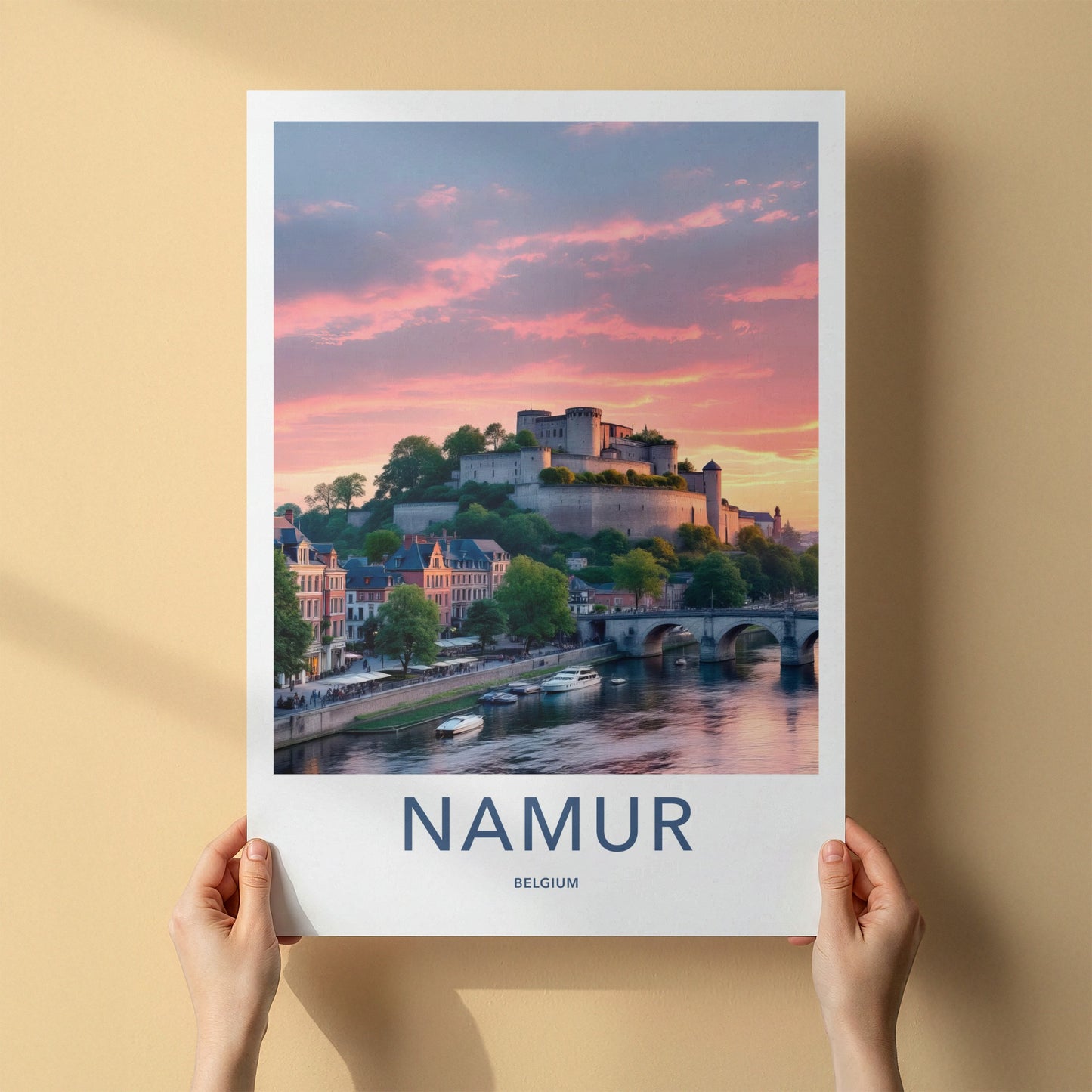 Namur Poster - Belgium Travel Art - Castle River Sunset Wall Decor