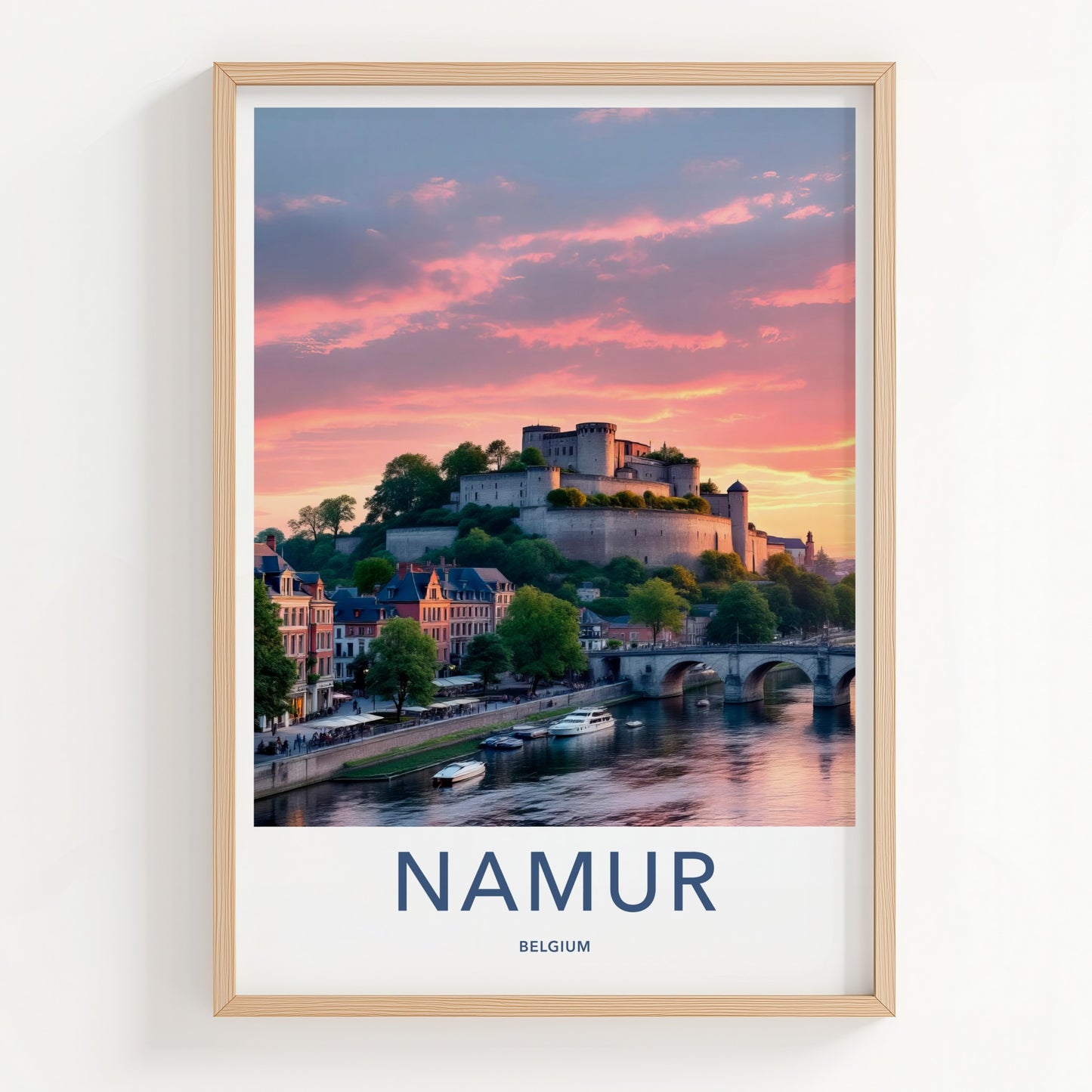 Namur Poster - Belgium Travel Art - Castle River Sunset Wall Decor