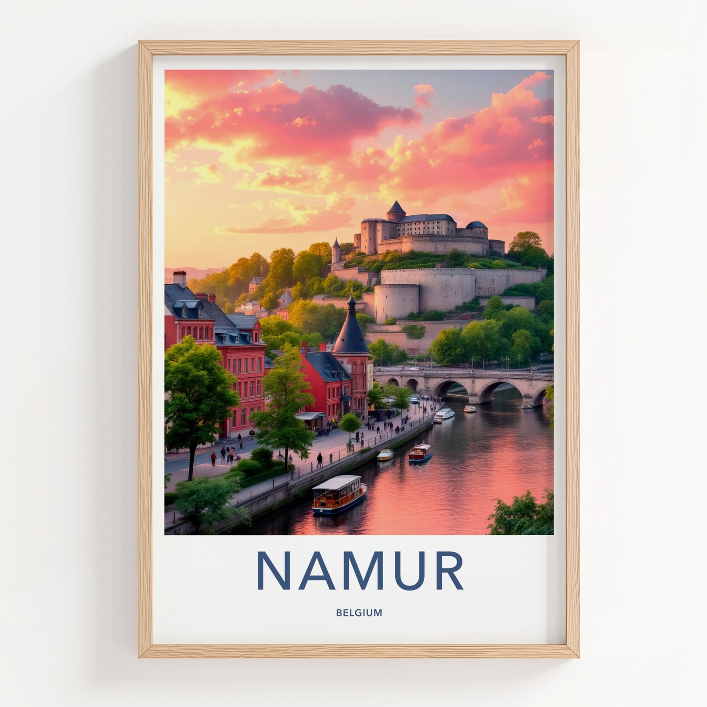 Namur Poster - Belgium Travel Art - Riverside Castle Sunset Home Decor