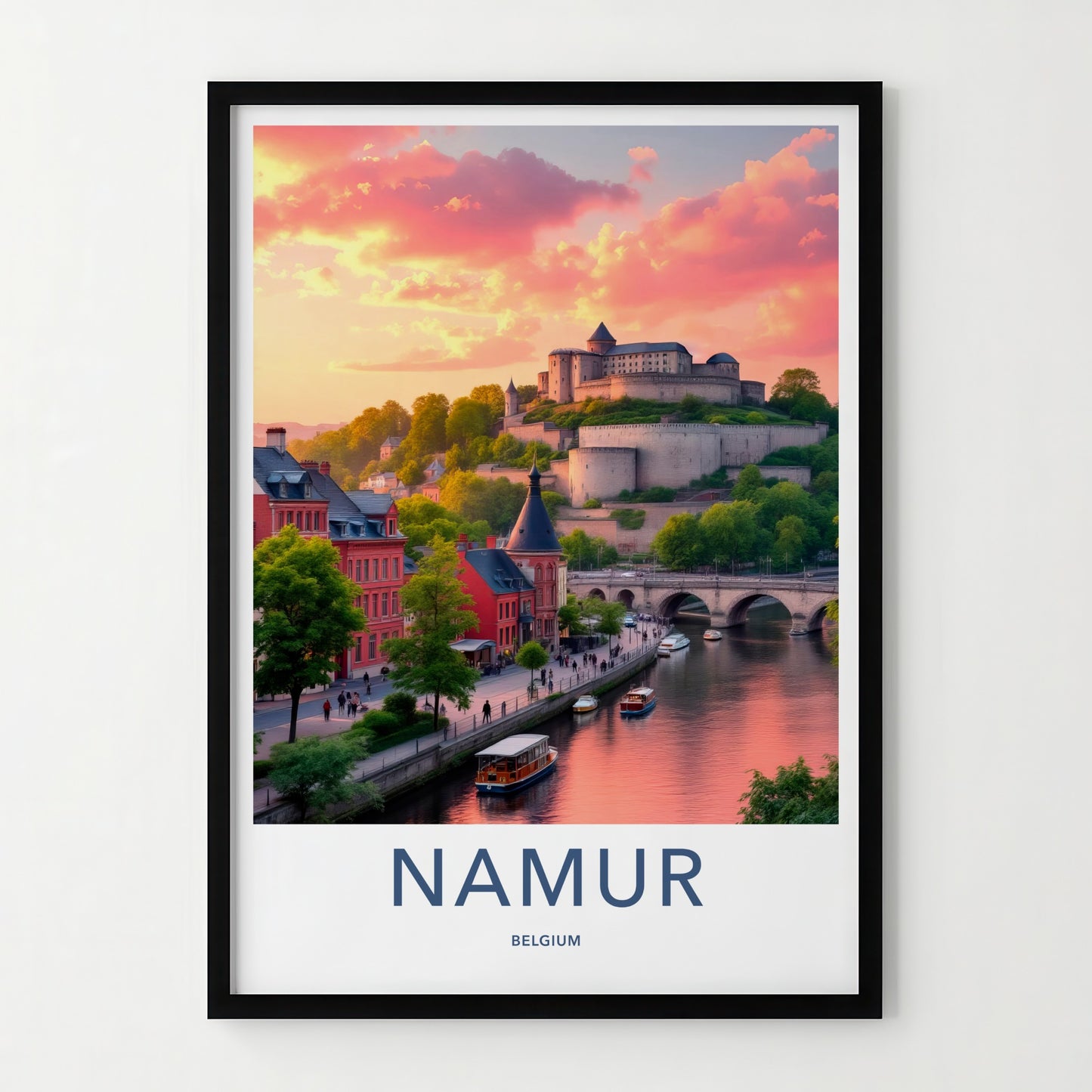 Namur Poster - Belgium Travel Art - Riverside Castle Sunset Home Decor