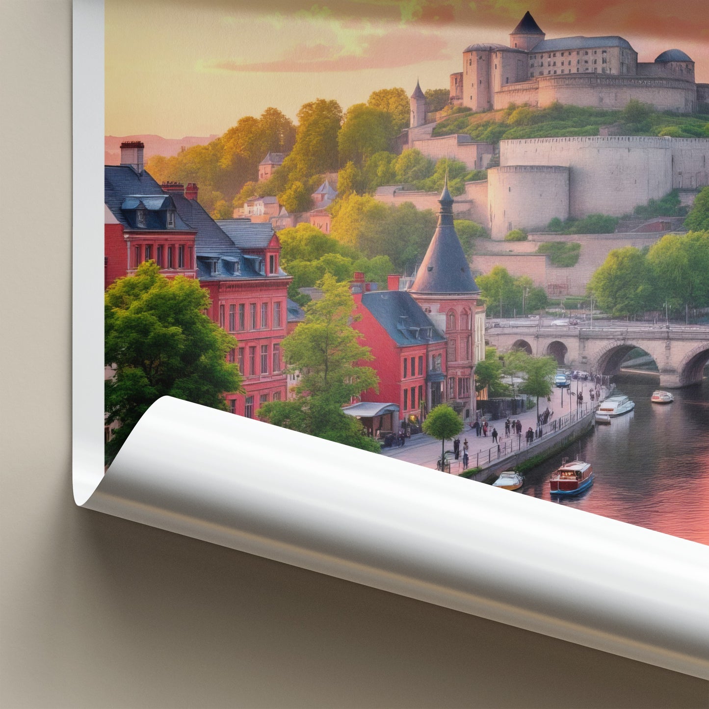 Namur Poster - Belgium Travel Art - Riverside Castle Sunset Home Decor