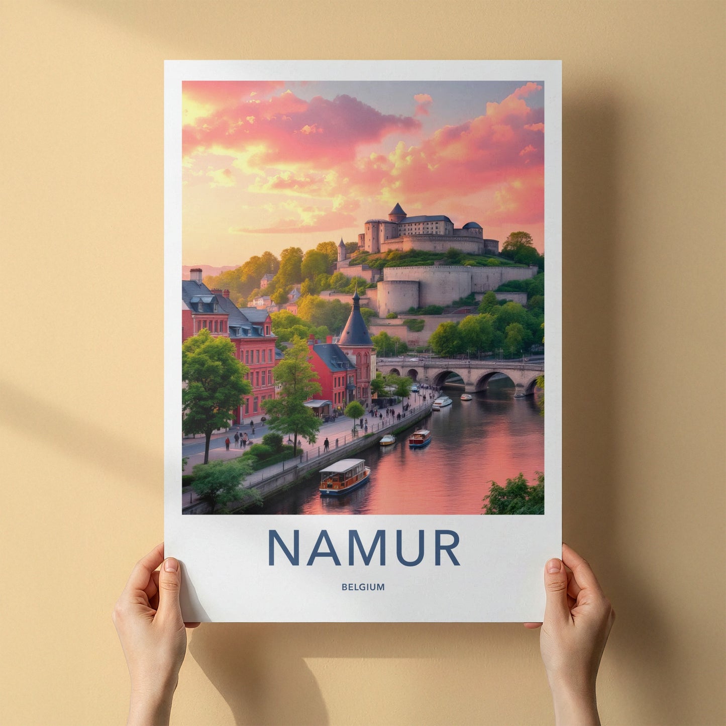 Namur Poster - Belgium Travel Art - Riverside Castle Sunset Home Decor