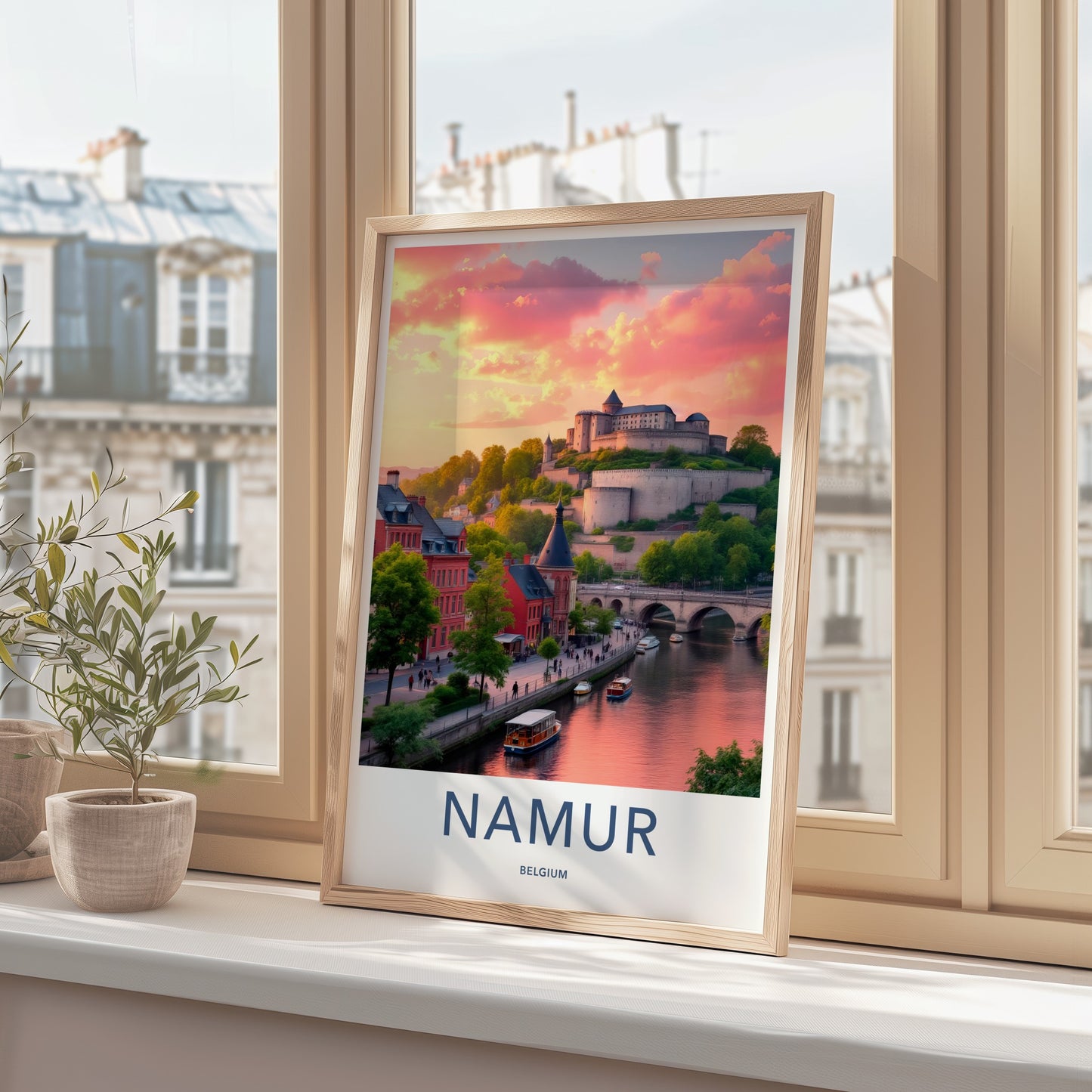 Namur Poster - Belgium Travel Art - Riverside Castle Sunset Home Decor