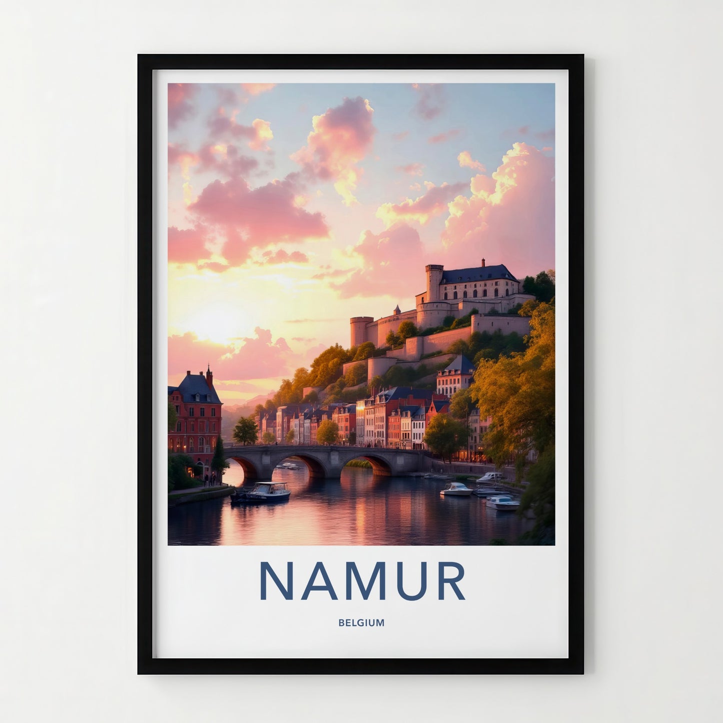 Namur Poster - Belgium Travel Art - Riverside Town Sunset Home Decor