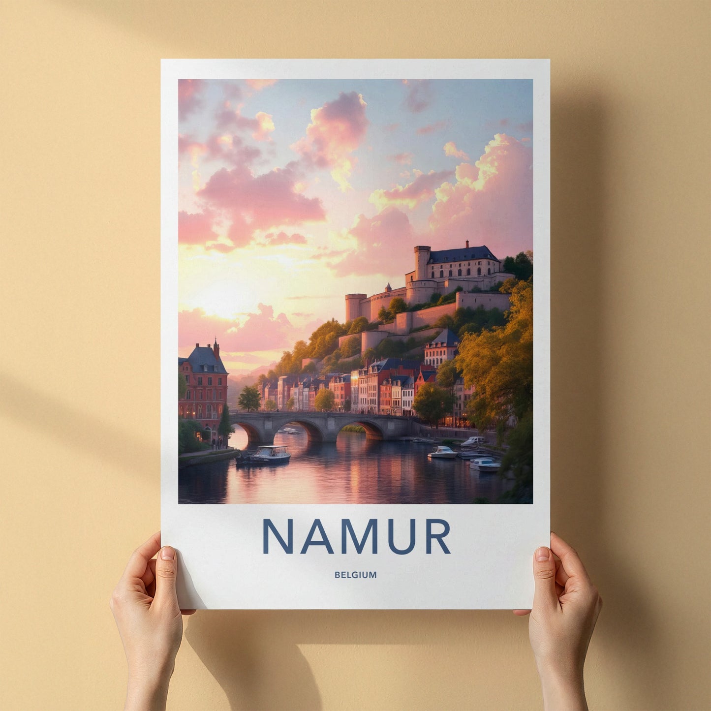 Namur Poster - Belgium Travel Art - Riverside Town Sunset Home Decor