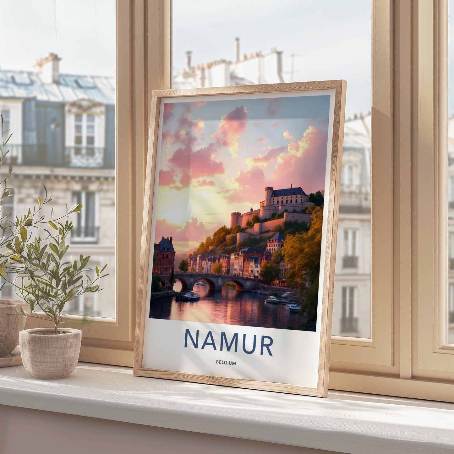 Namur Poster - Belgium Travel Art - Riverside Town Sunset Home Decor
