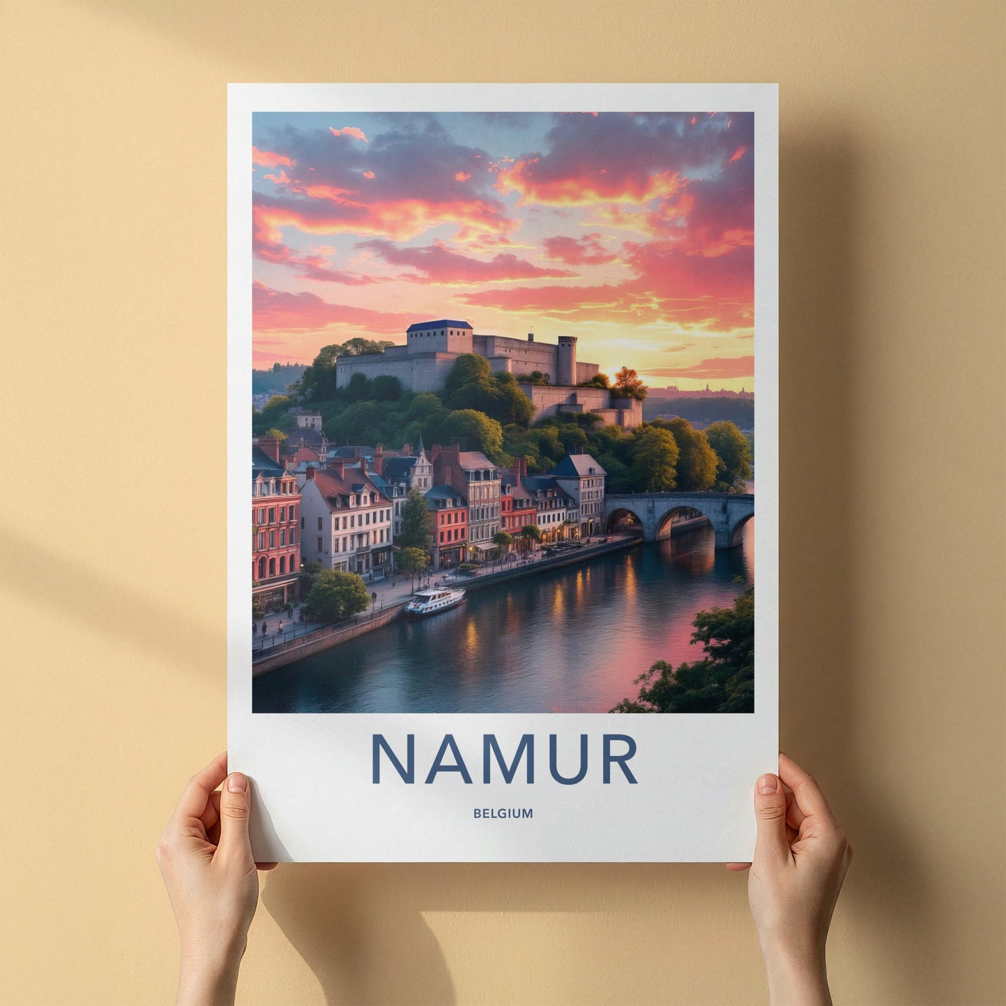 Namur Poster - Belgium Travel Art - Vibrant Sunset Citadel Home Decor
