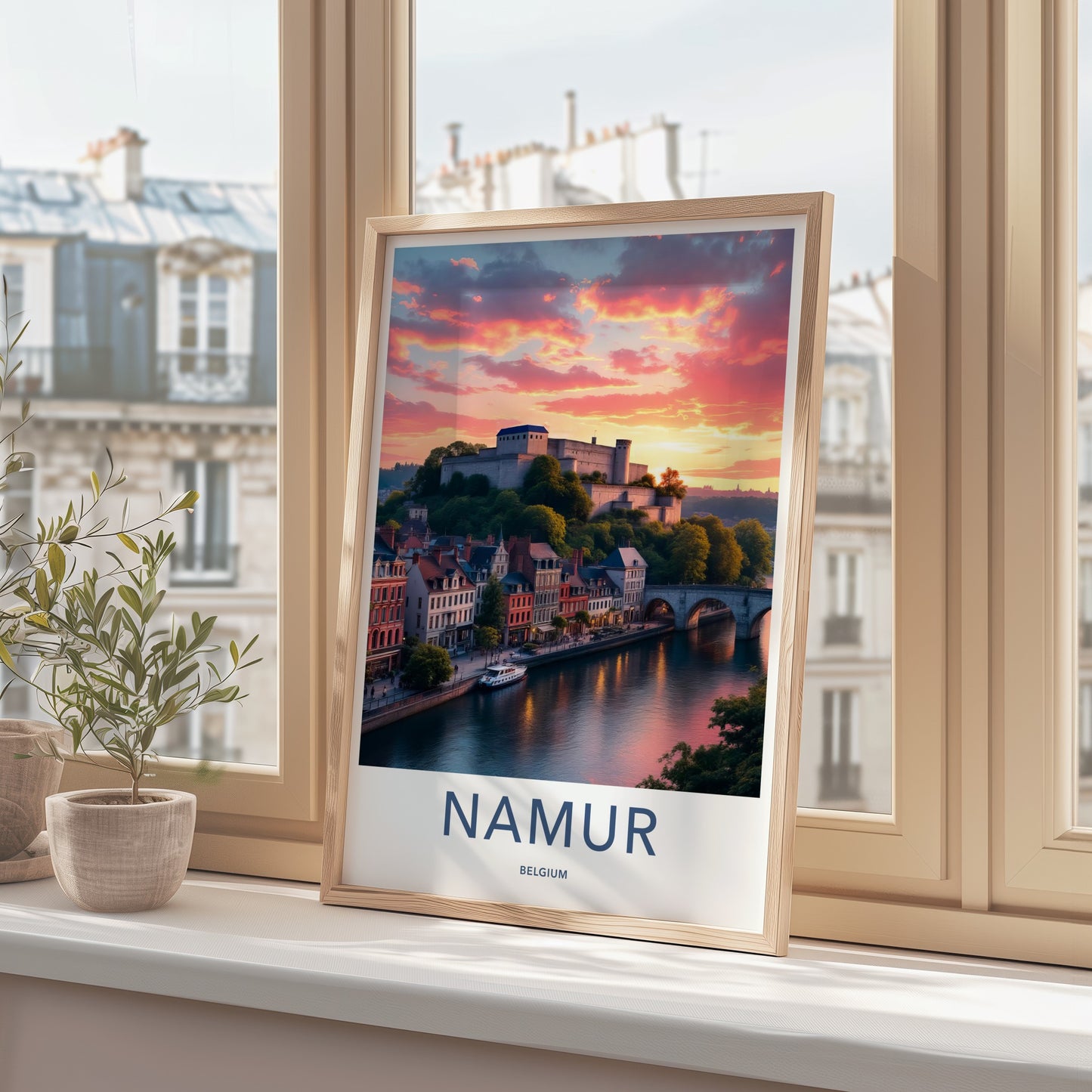 Namur Poster - Belgium Travel Art - Vibrant Sunset Citadel Home Decor