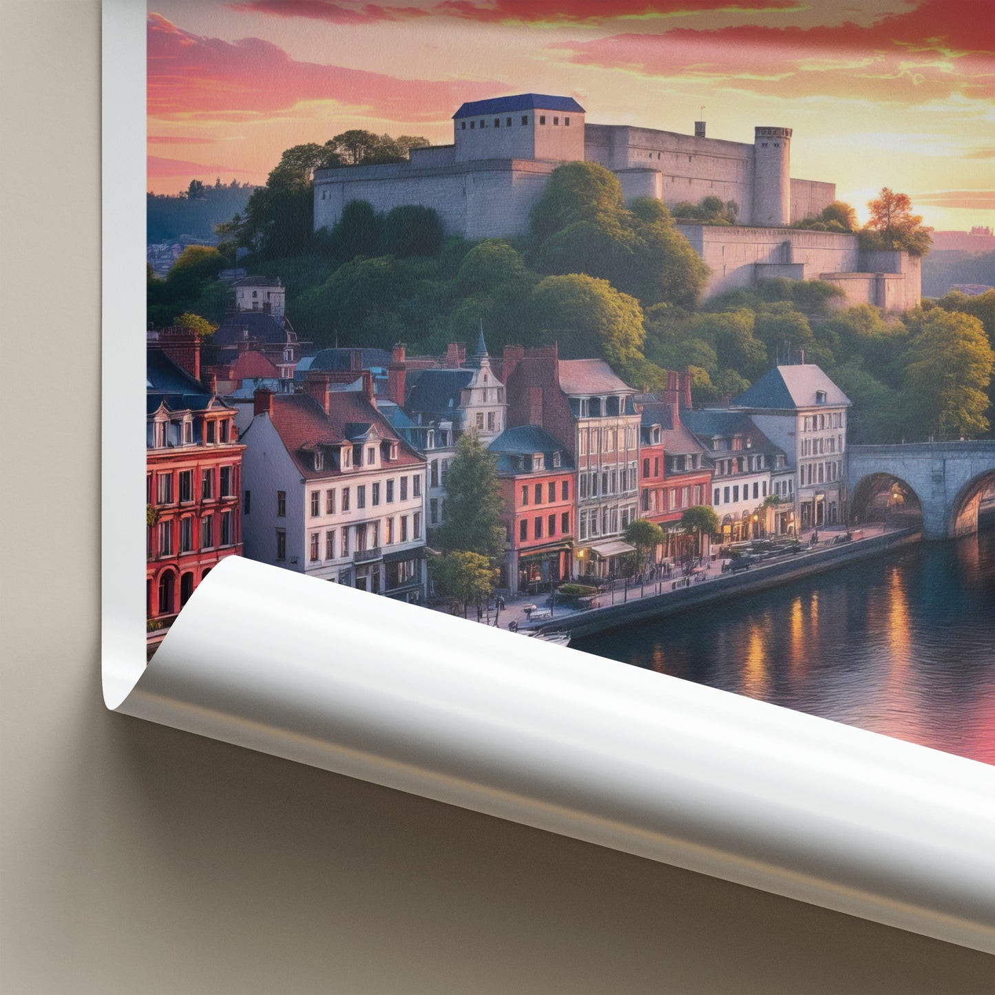 Namur Poster - Belgium Travel Art - Vibrant Sunset Citadel Home Decor