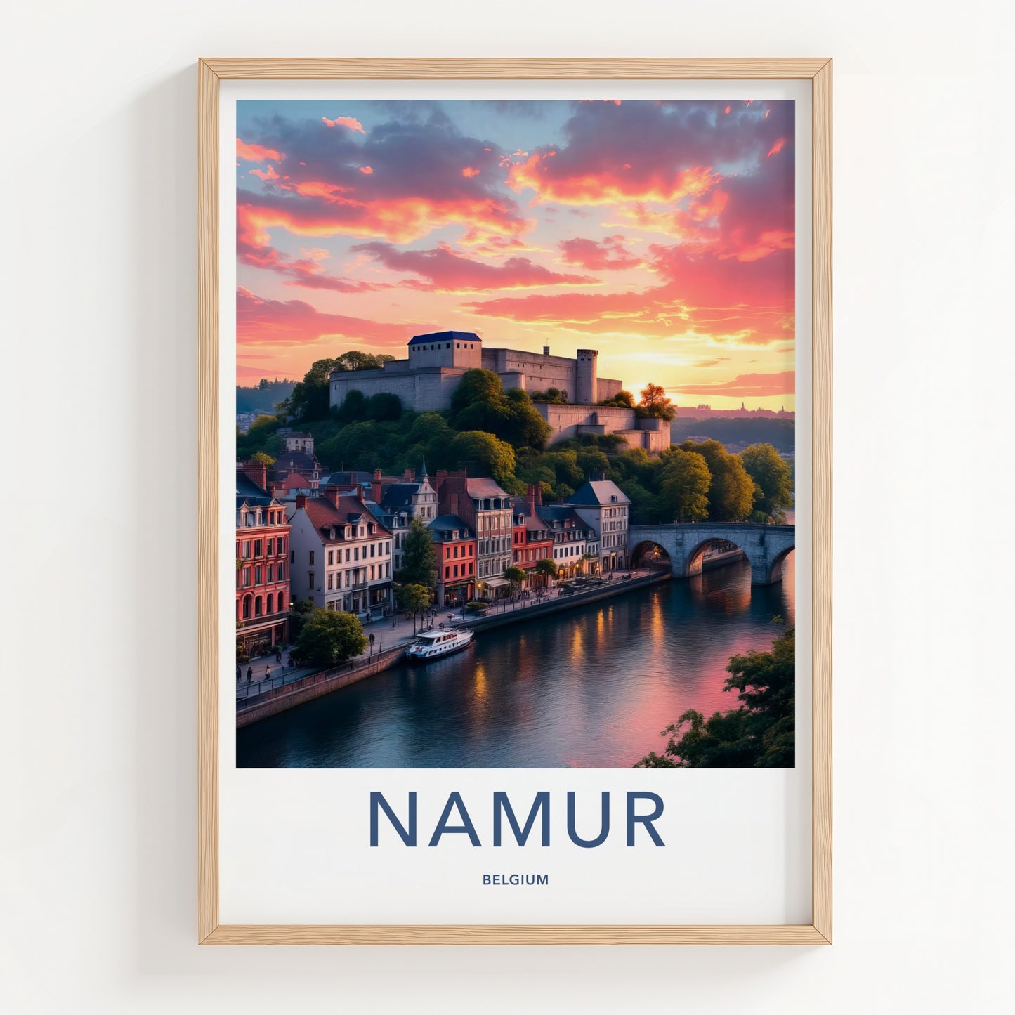Namur Poster - Belgium Travel Art - Vibrant Sunset Citadel Home Decor