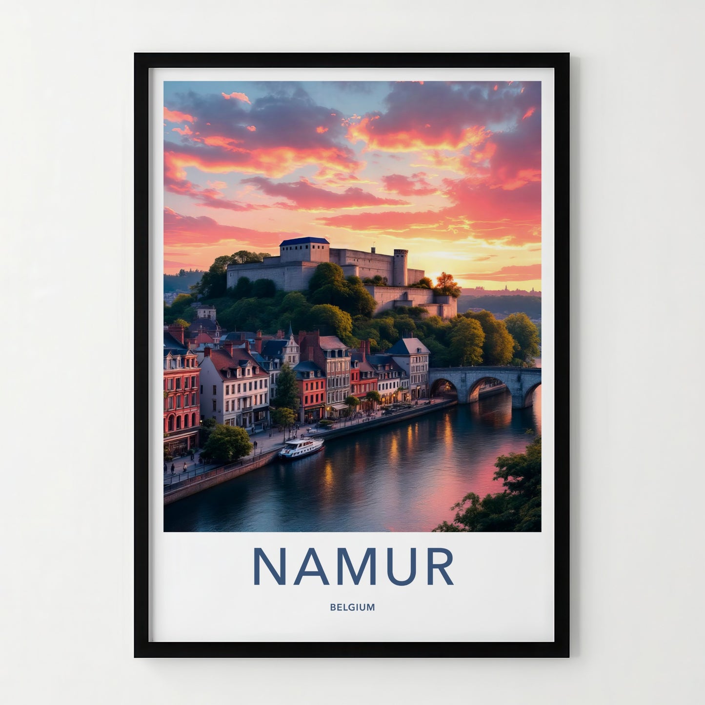Namur Poster - Belgium Travel Art - Vibrant Sunset Citadel Home Decor