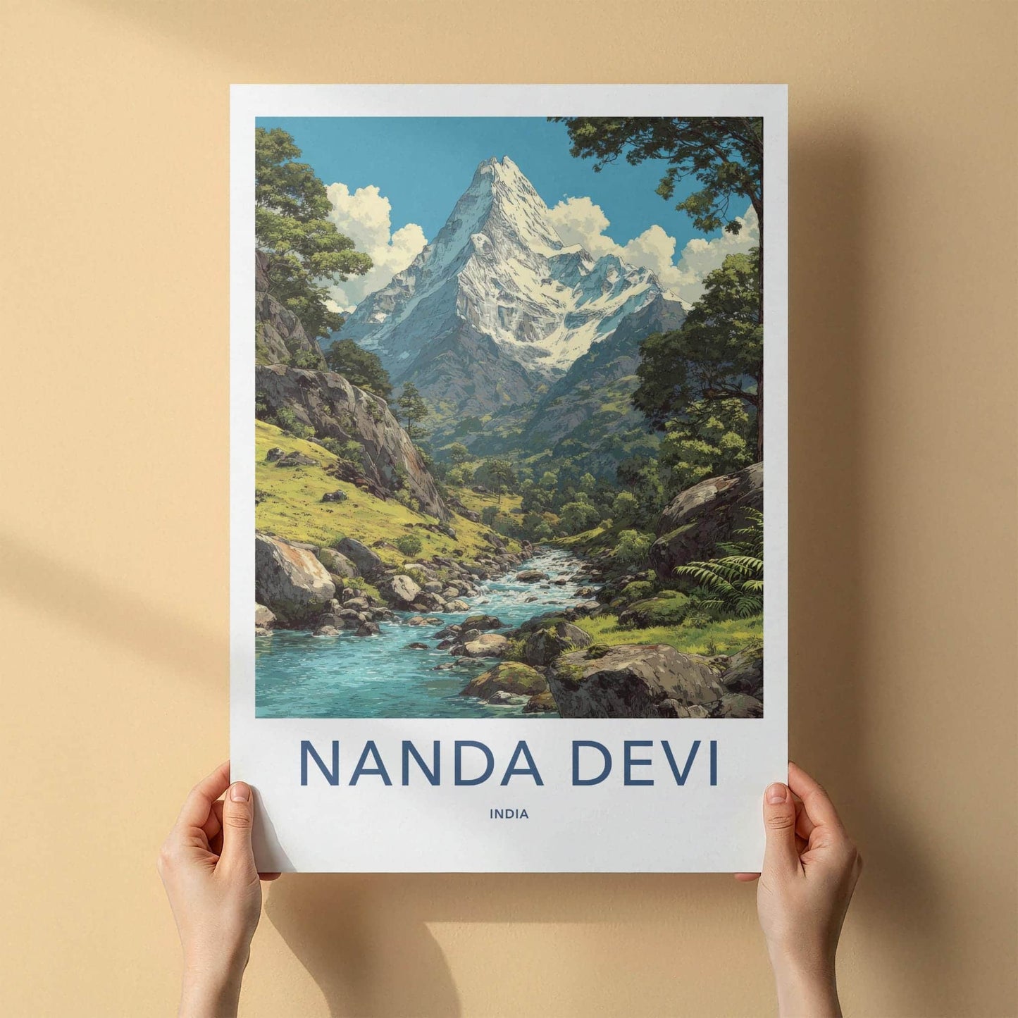 Nanda Devi Poster - India Travel Art - Uttarakhand Mountain River Valley Home Decor