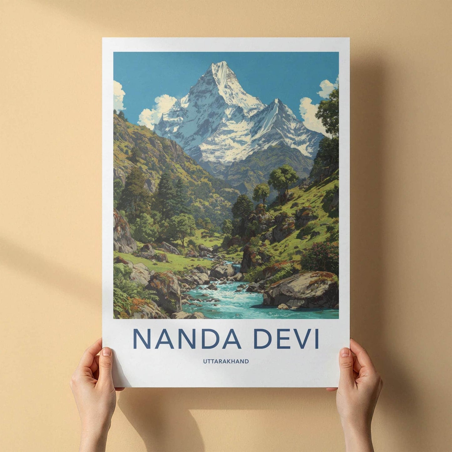 Nanda Devi Poster - India Travel Art - Uttarakhand Mountain River Valley Home Decor