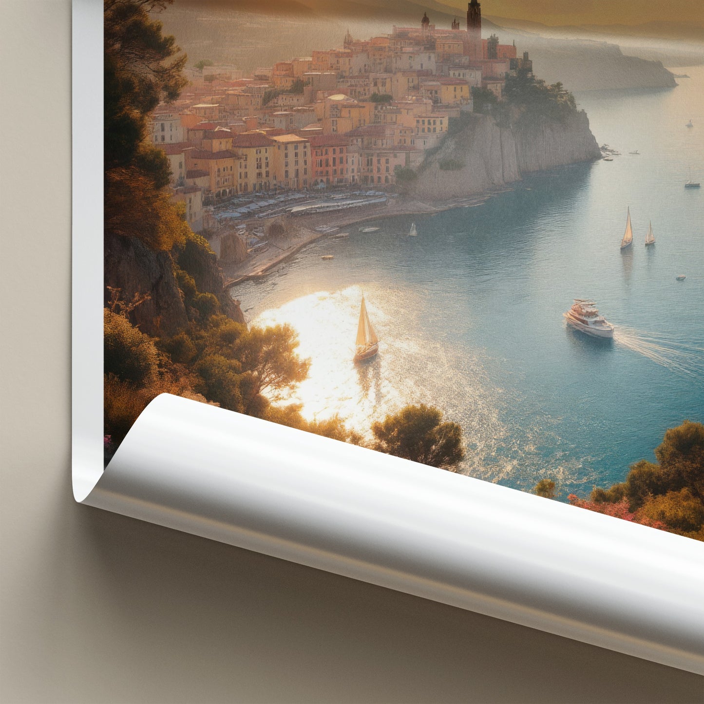 Naples Poster - Italy Travel Art - Cliffside town harbor Home Decor