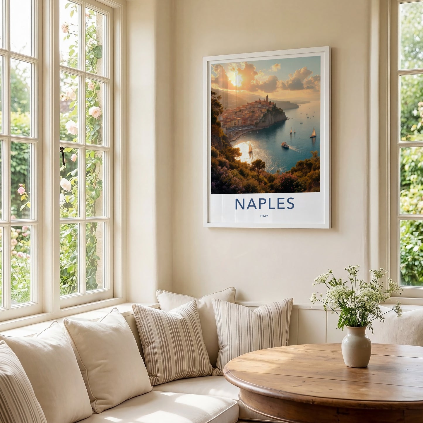 Naples Poster - Italy Travel Art - Cliffside town harbor Home Decor