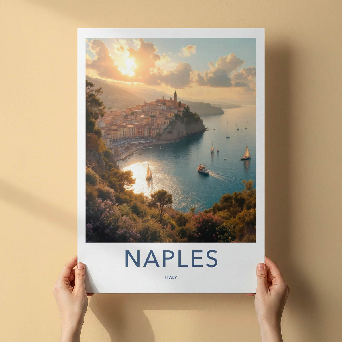 Naples Poster - Italy Travel Art - Cliffside town harbor Home Decor