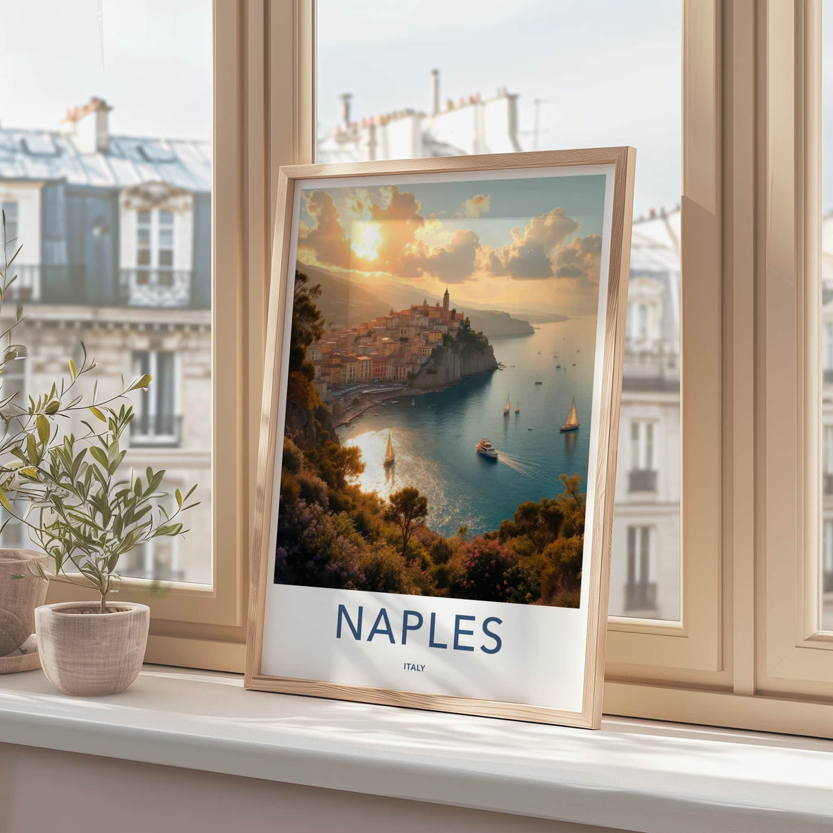 Naples Poster - Italy Travel Art - Cliffside town harbor Home Decor