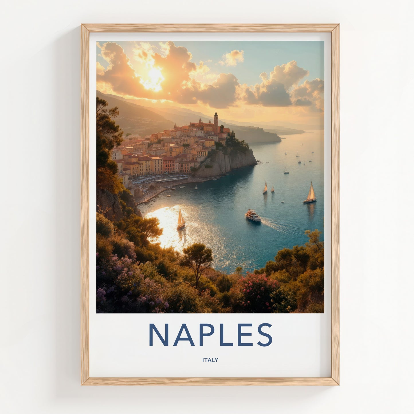 Naples Poster - Italy Travel Art - Cliffside town harbor Home Decor