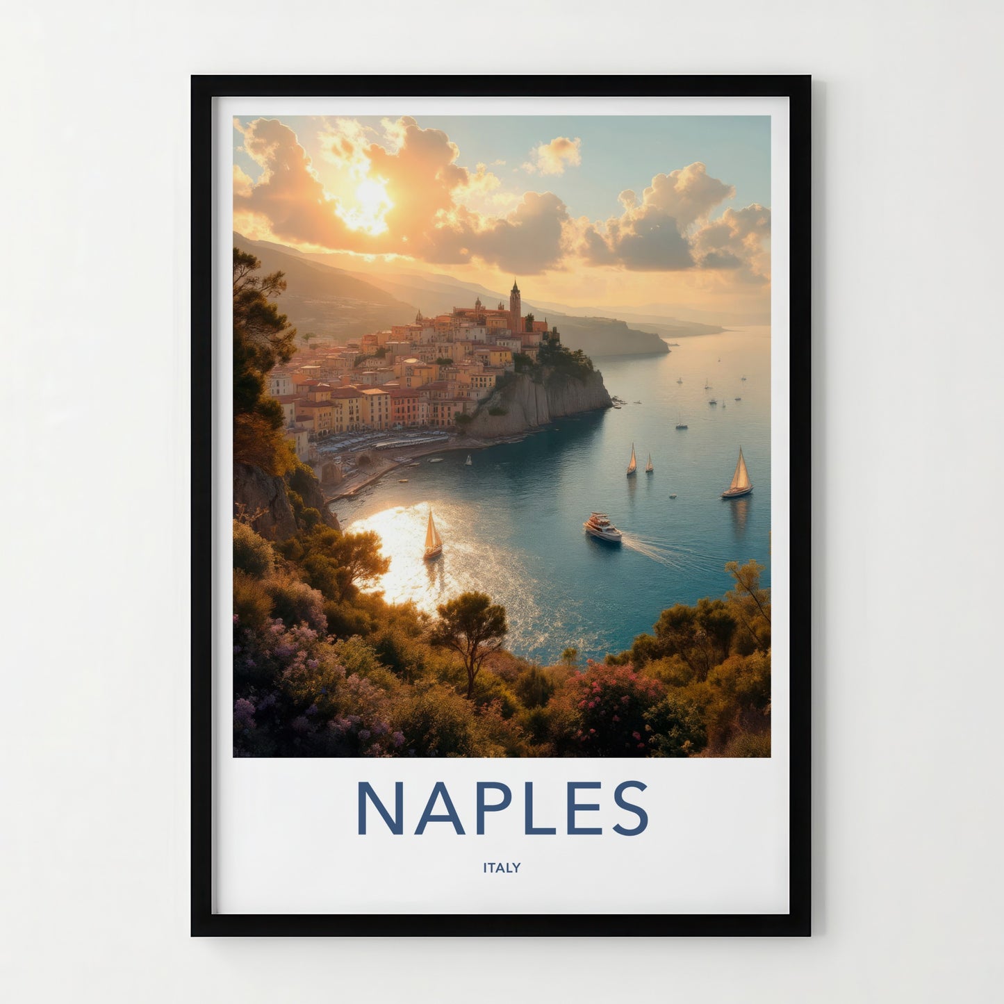 Naples Poster - Italy Travel Art - Cliffside town harbor Home Decor