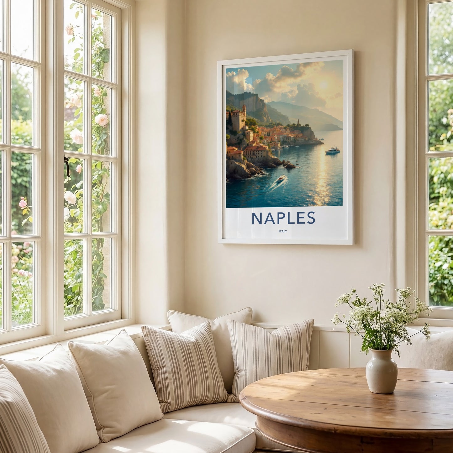 Naples Poster - Italy Travel Art - Coastal Cliff Village Wall Decor
