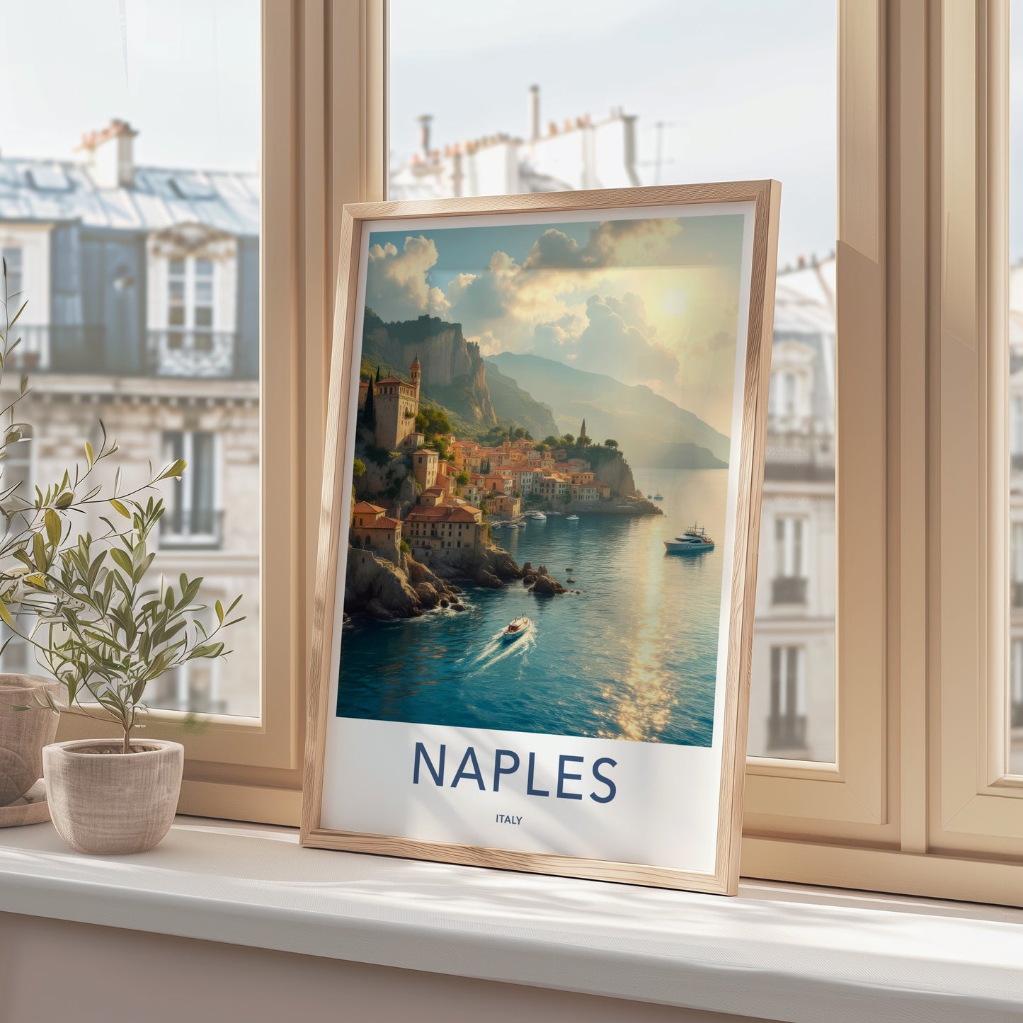Naples Poster - Italy Travel Art - Coastal Cliff Village Wall Decor