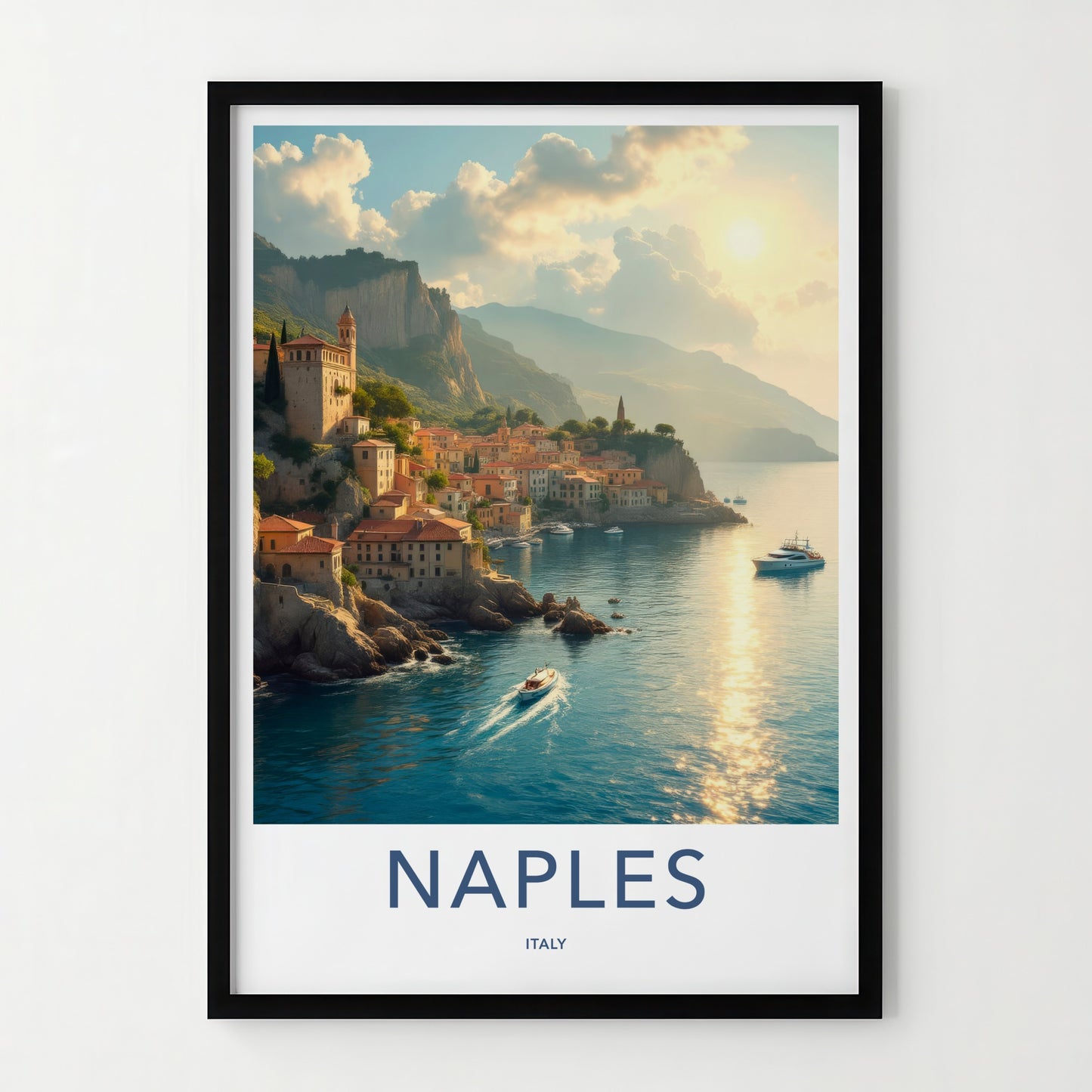 Naples Poster - Italy Travel Art - Coastal Cliff Village Wall Decor