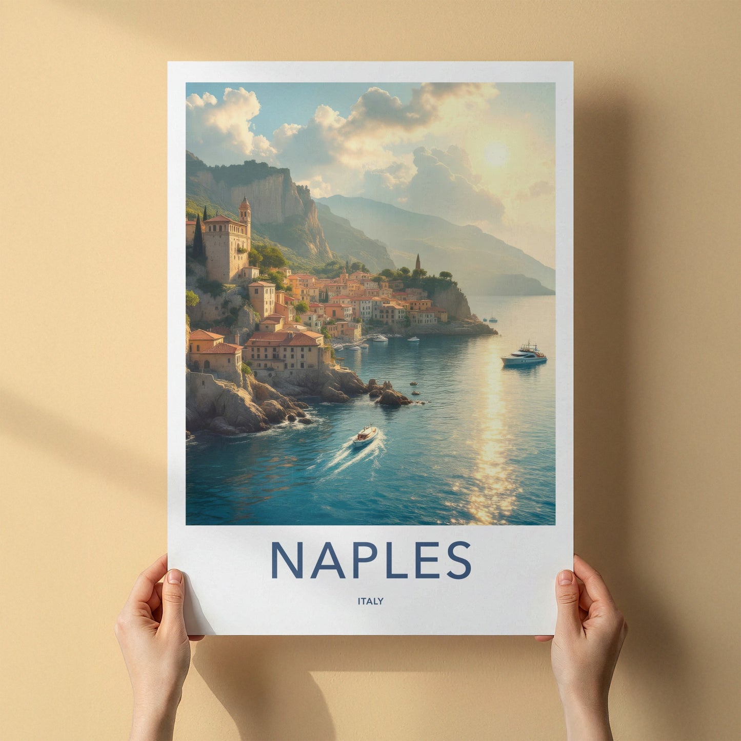 Naples Poster - Italy Travel Art - Coastal Cliff Village Wall Decor