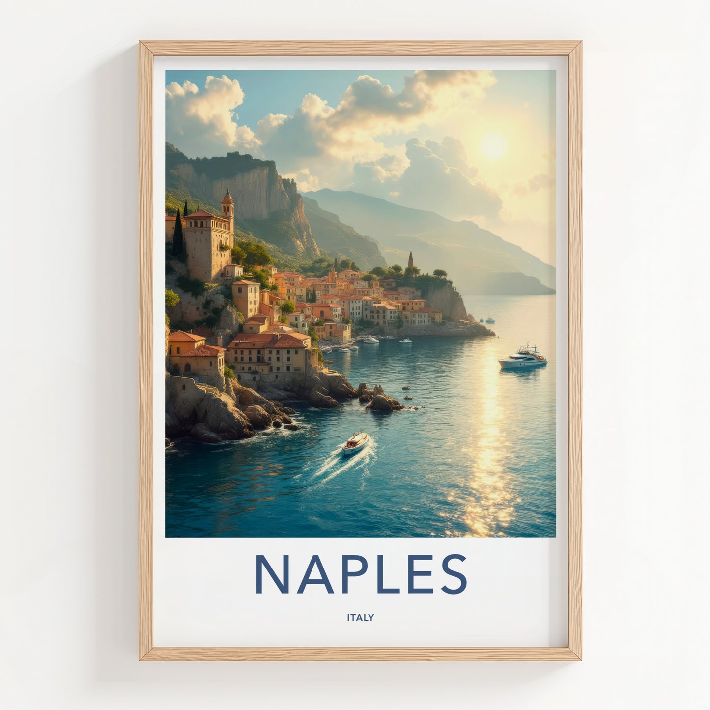 Naples Poster - Italy Travel Art - Coastal Cliff Village Wall Decor
