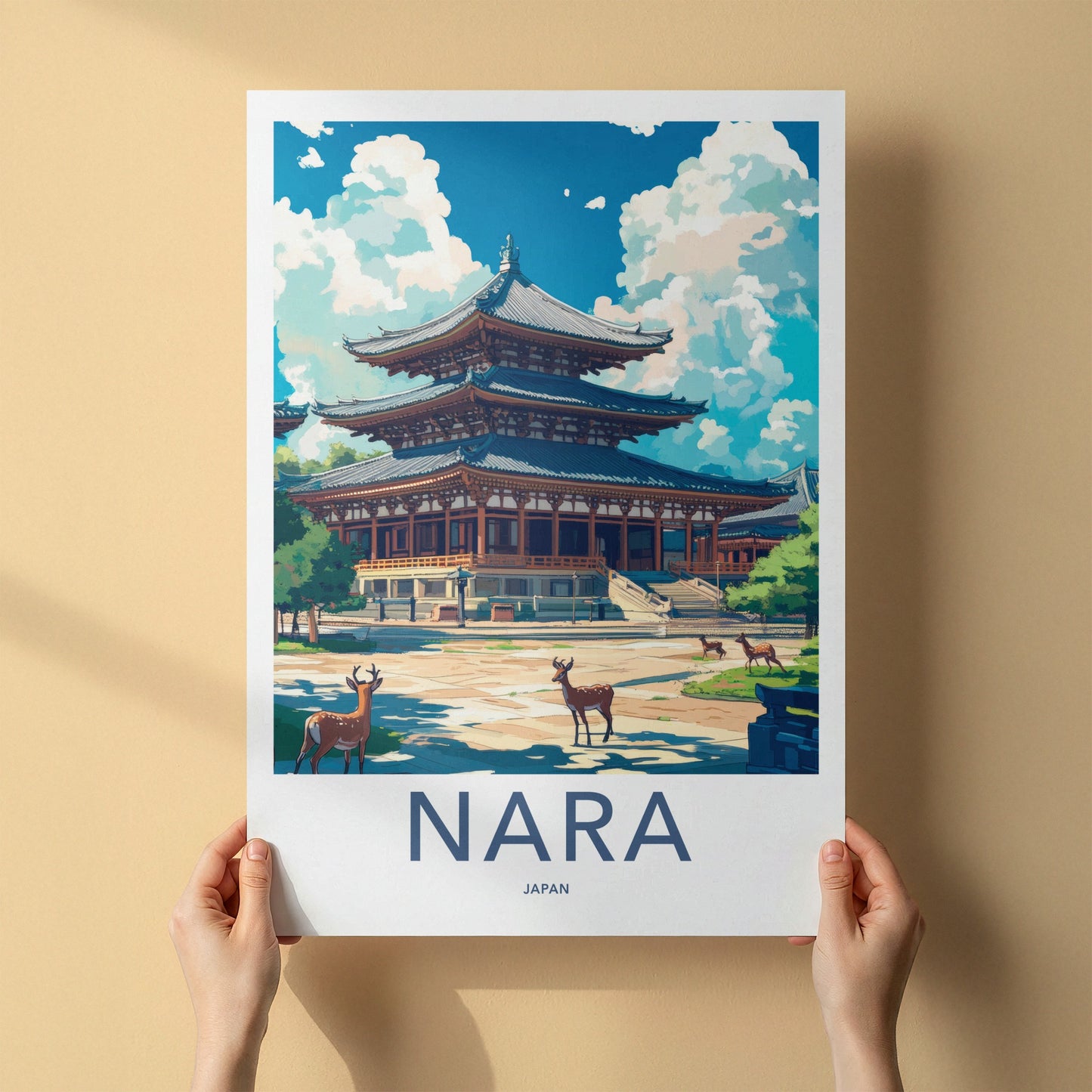 Nara Poster - Japan Travel Art - Ancient Temple Deer Home Decor