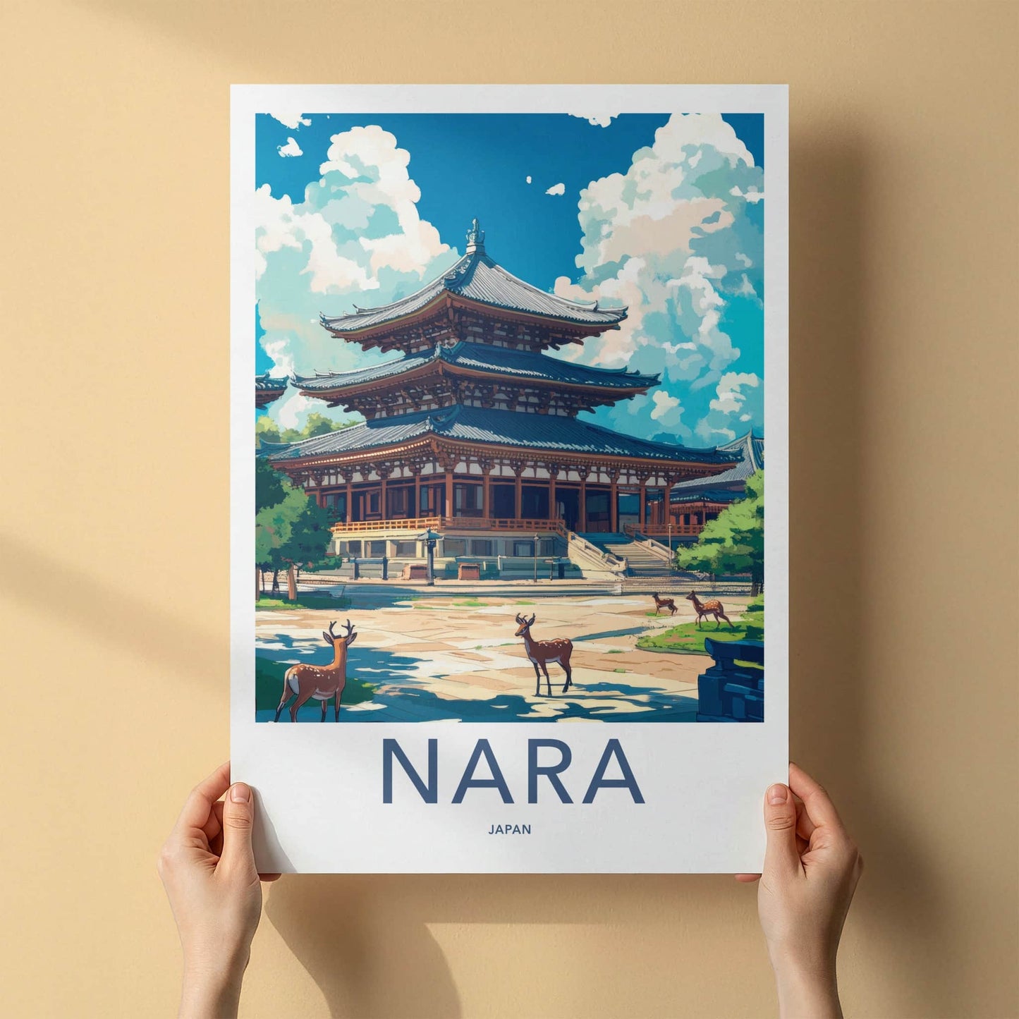 Nara Poster - Japan Travel Art - Ancient Temple Deer Home Decor