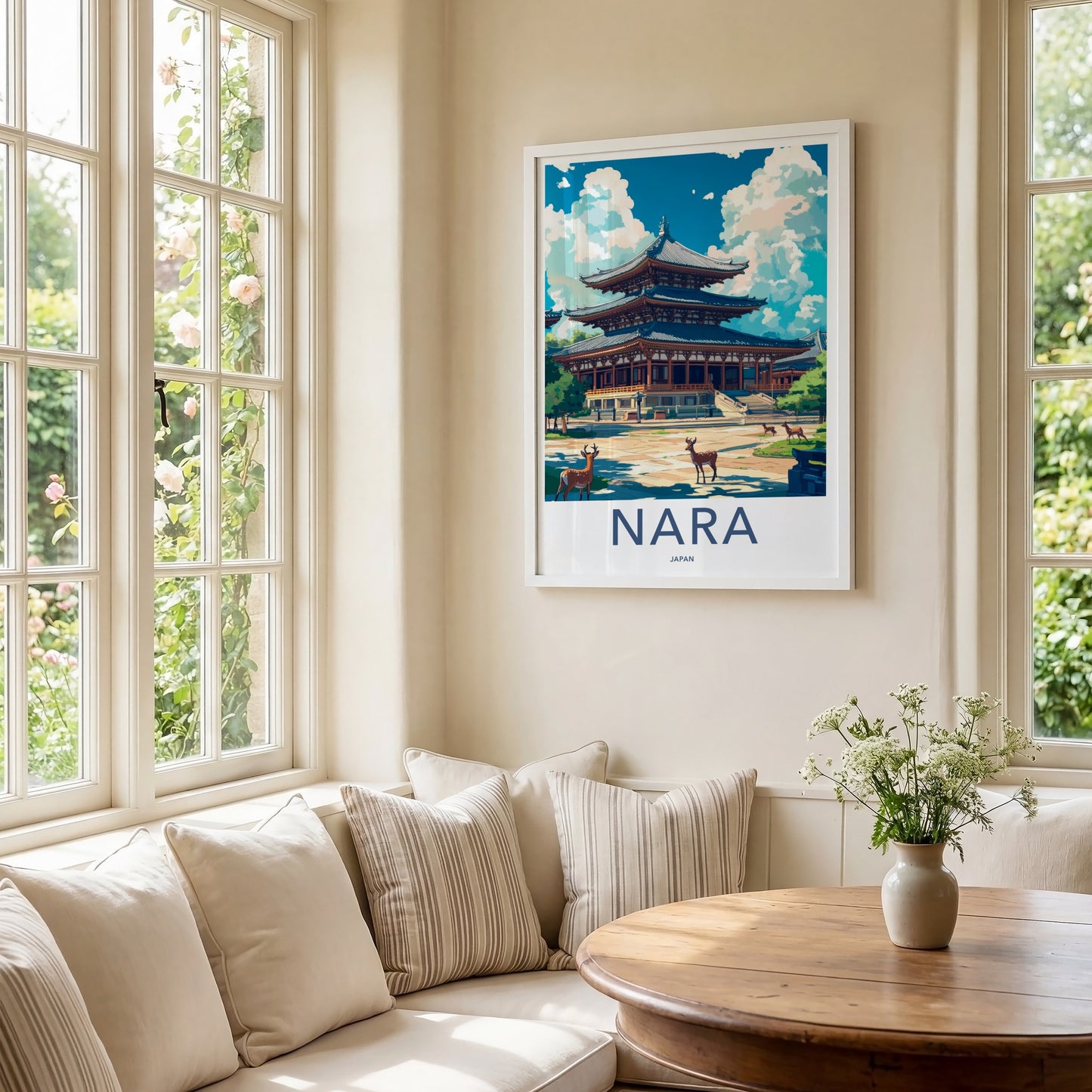 Nara Poster - Japan Travel Art - Ancient Temple Deer Home Decor