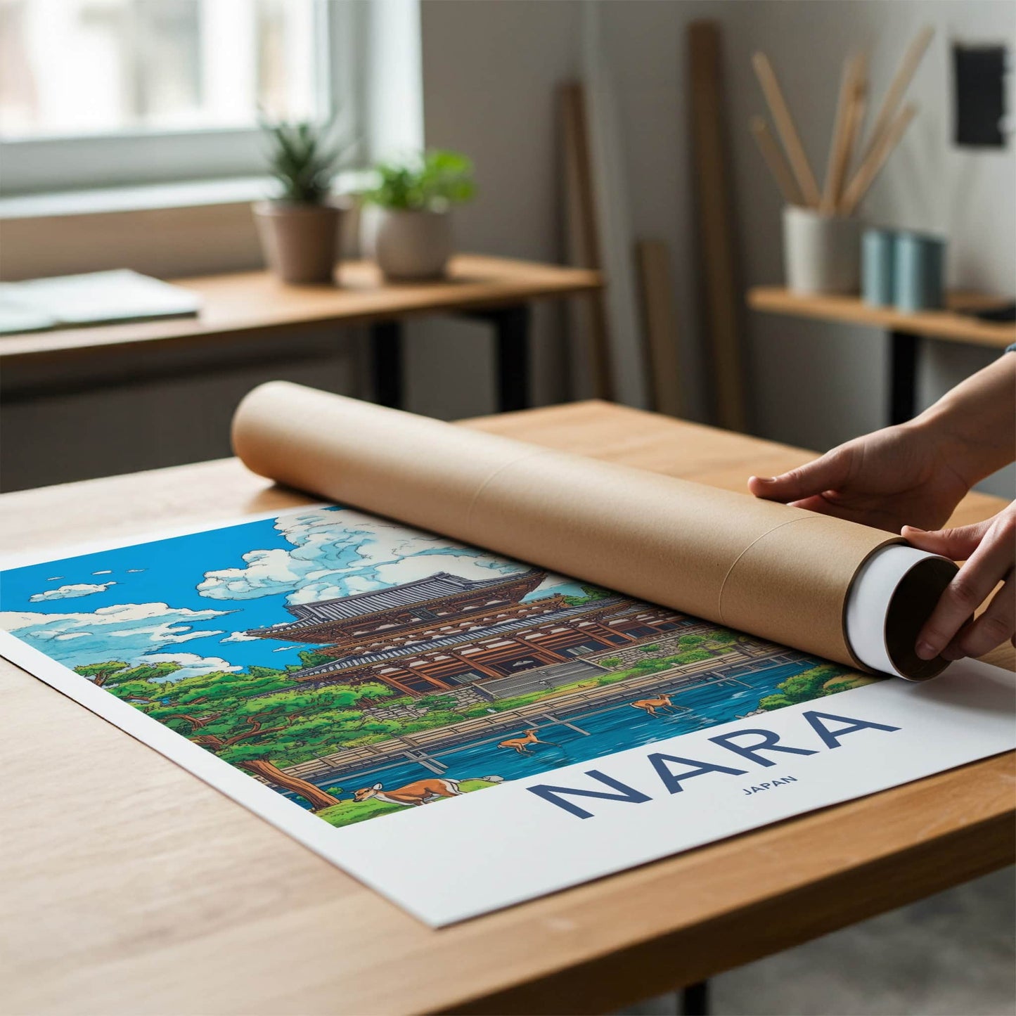 Nara Poster - Japan Travel Art - Ancient temple deer Lounge Decor