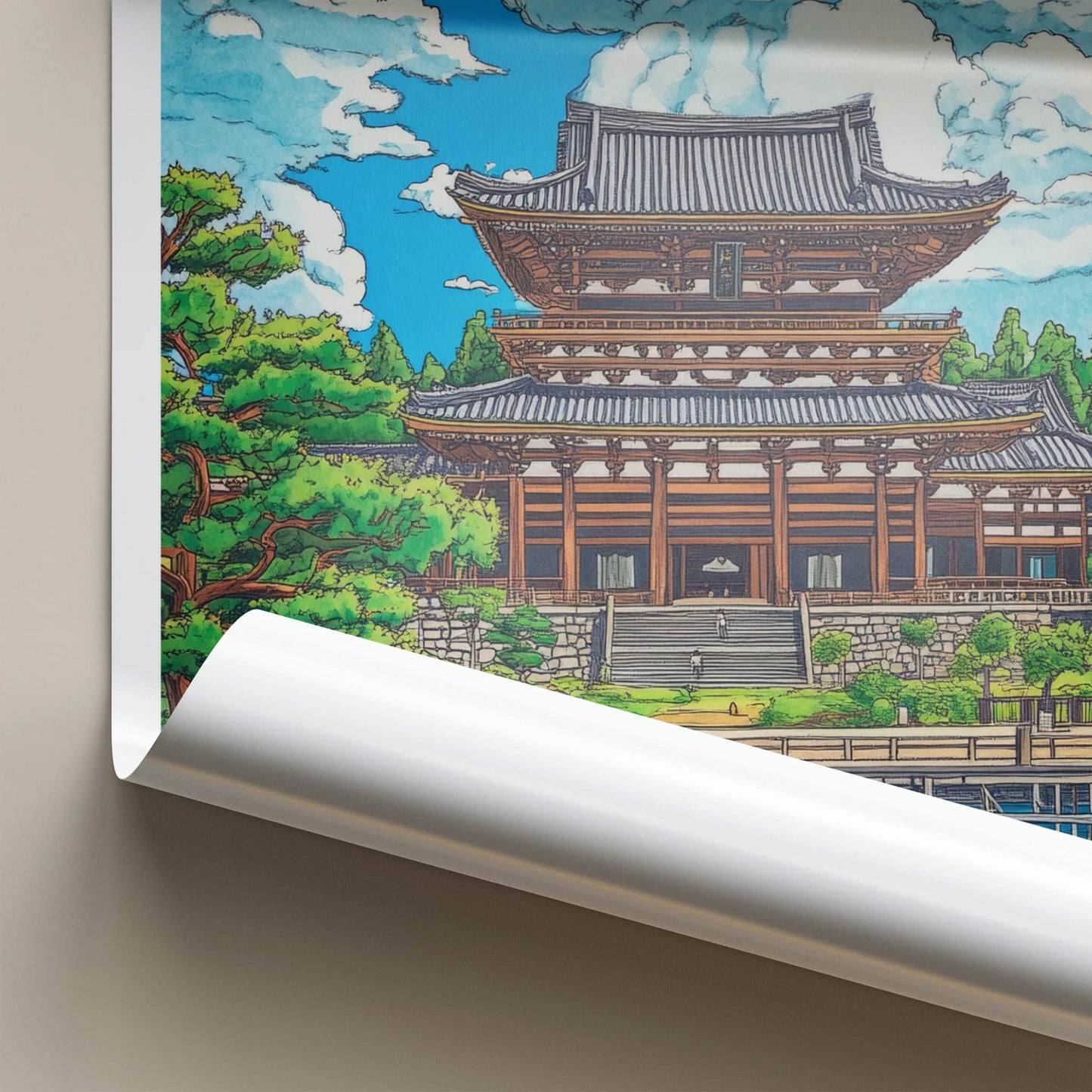 Nara Poster - Japan Travel Art - Ancient temple deer Lounge Decor