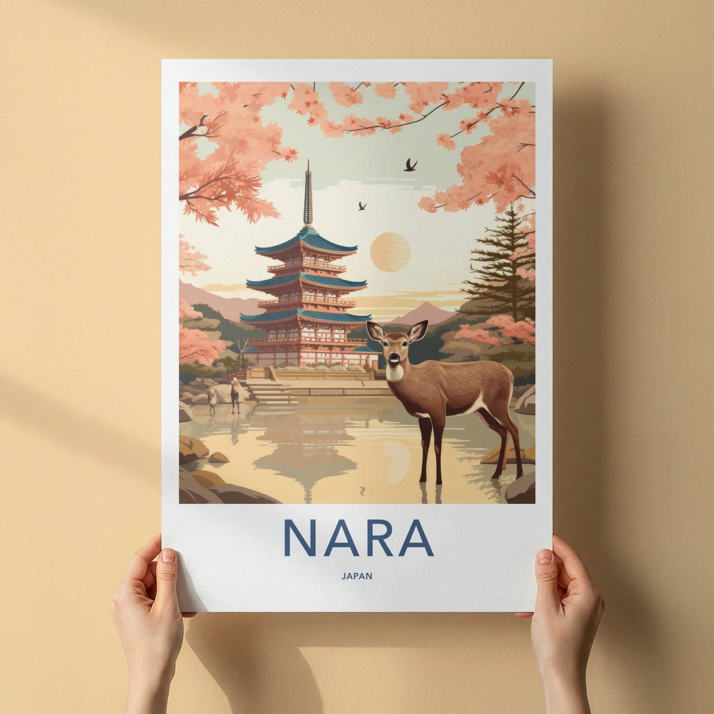 Nara Poster - Japan Travel Art - Deer Pagoda Sakura Wall Decor