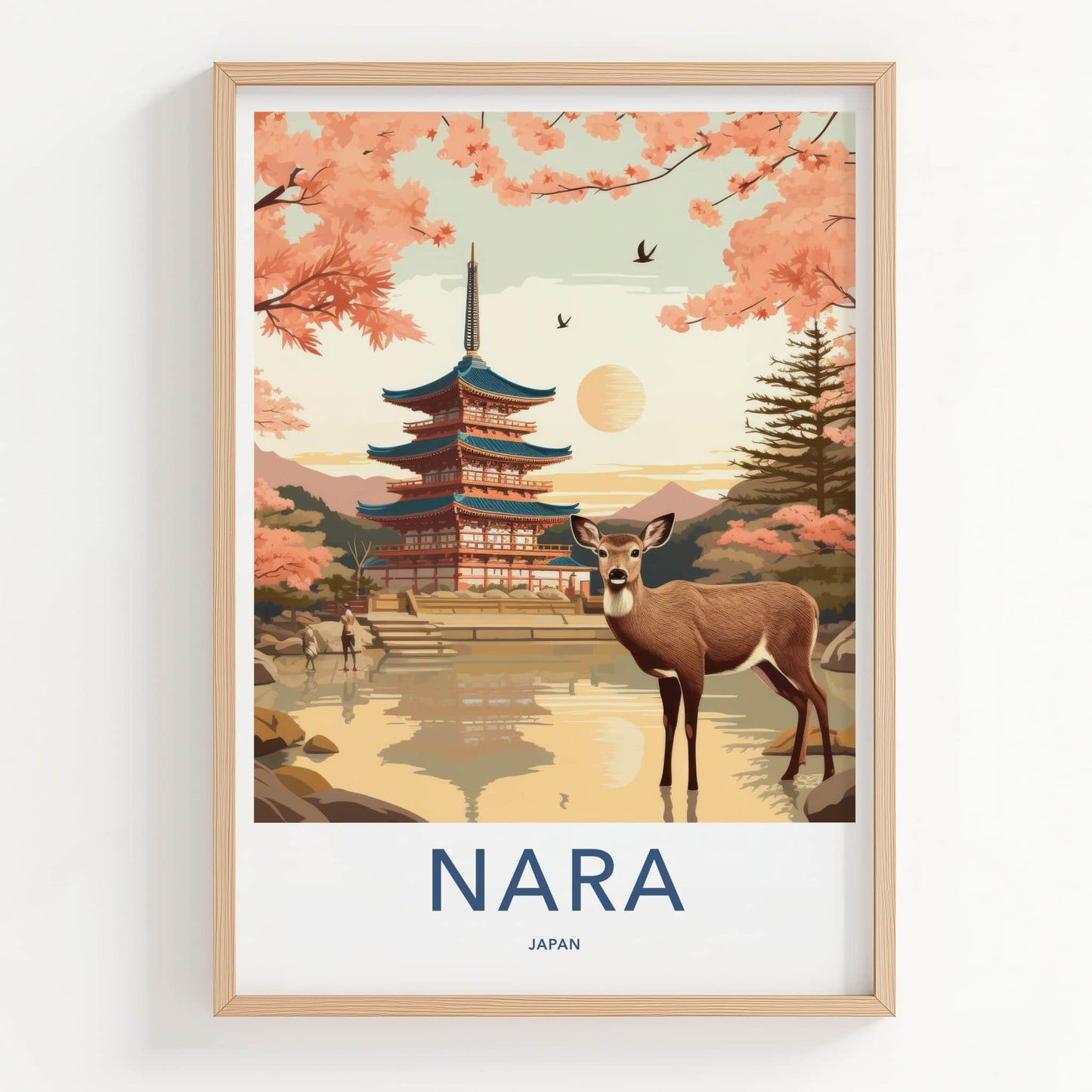 Nara Poster - Japan Travel Art - Deer Pagoda Sakura Wall Decor