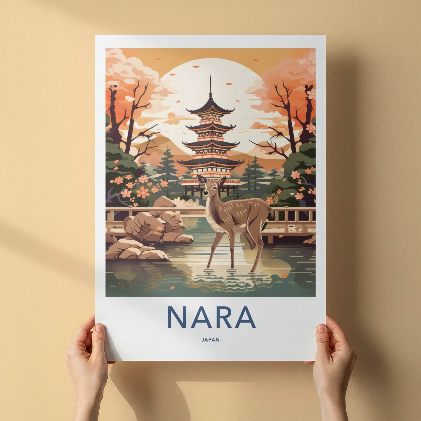 Nara Poster - Japan Travel Print - Wild Deer Pagoda Lounge Decor