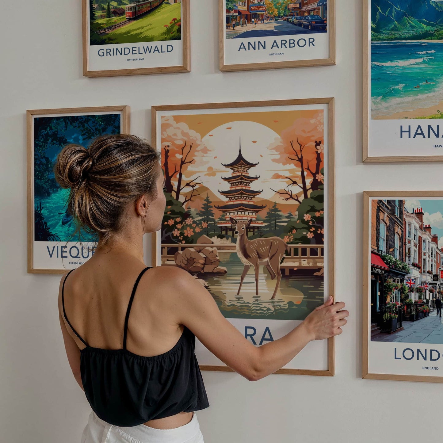 Nara Poster - Japan Travel Print - Wild Deer Pagoda Lounge Decor