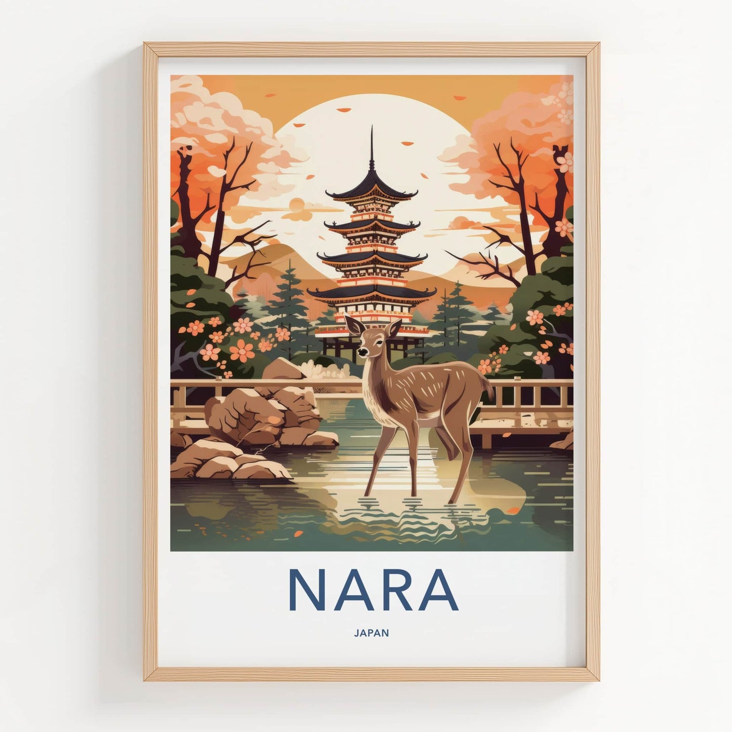 Nara Poster - Japan Travel Print - Wild Deer Pagoda Lounge Decor