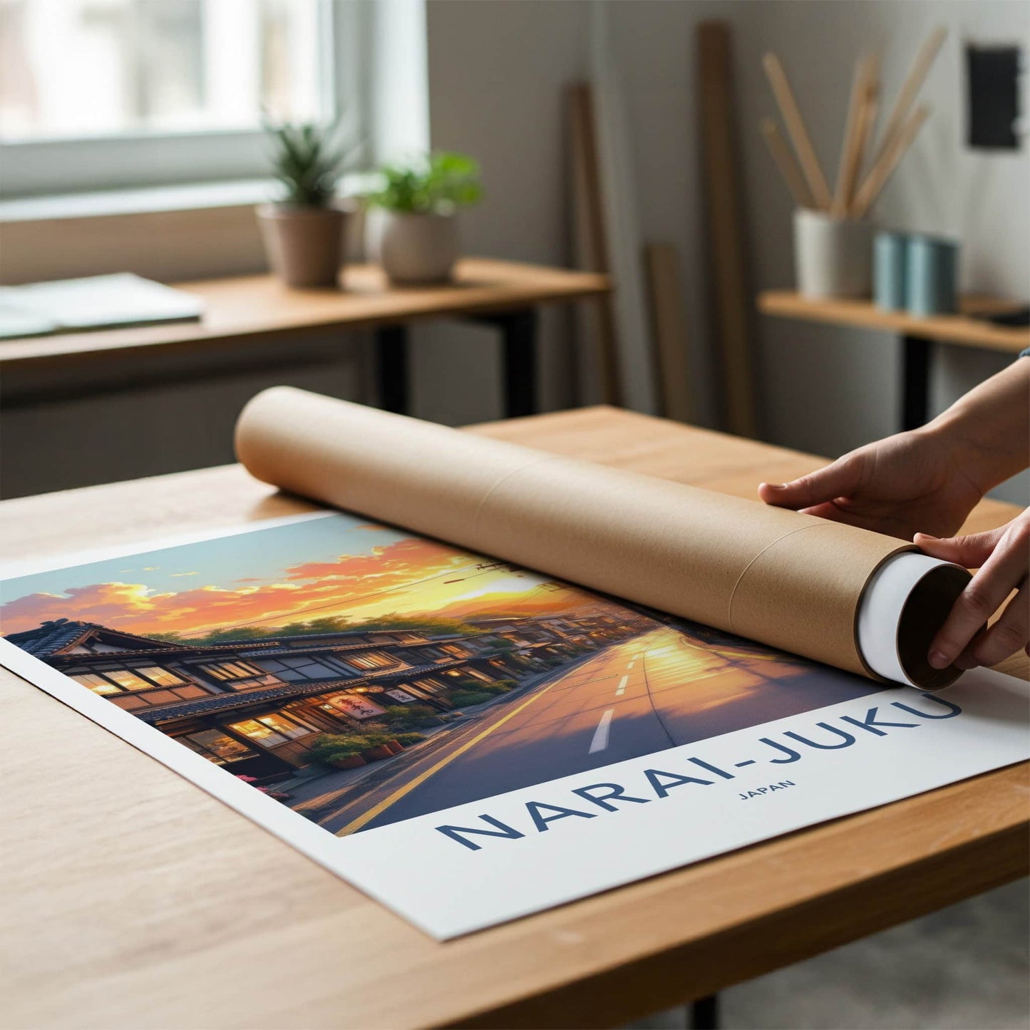 Narai-Juku Poster - Japan Travel Art - Golden Sunset Street Home Decor