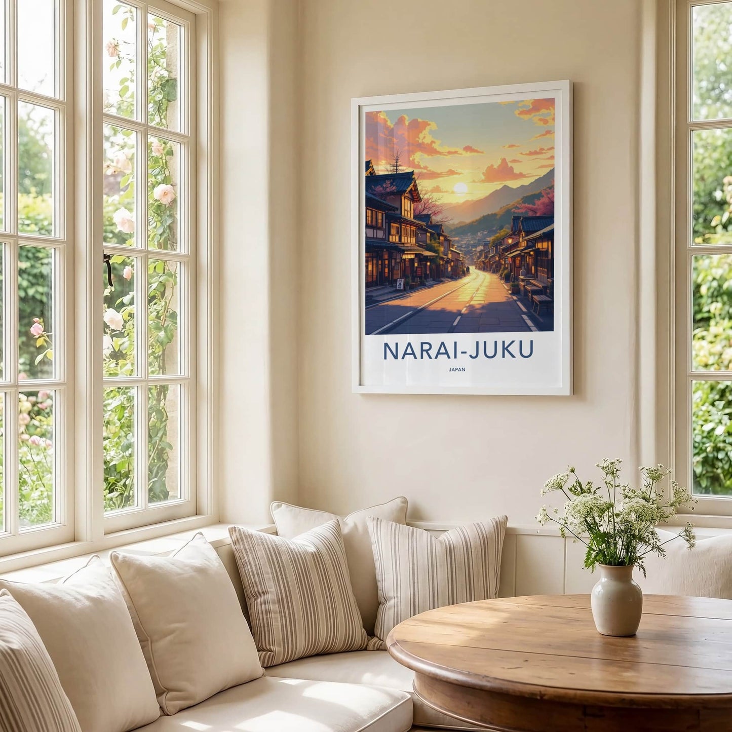 Narai-Juku Poster - Japan Travel Art - Sunset Mountain Village Wall Decor